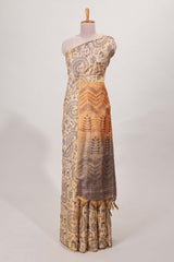 Sandal all over body Warli print withleaf motifs pallu and contrast blouse