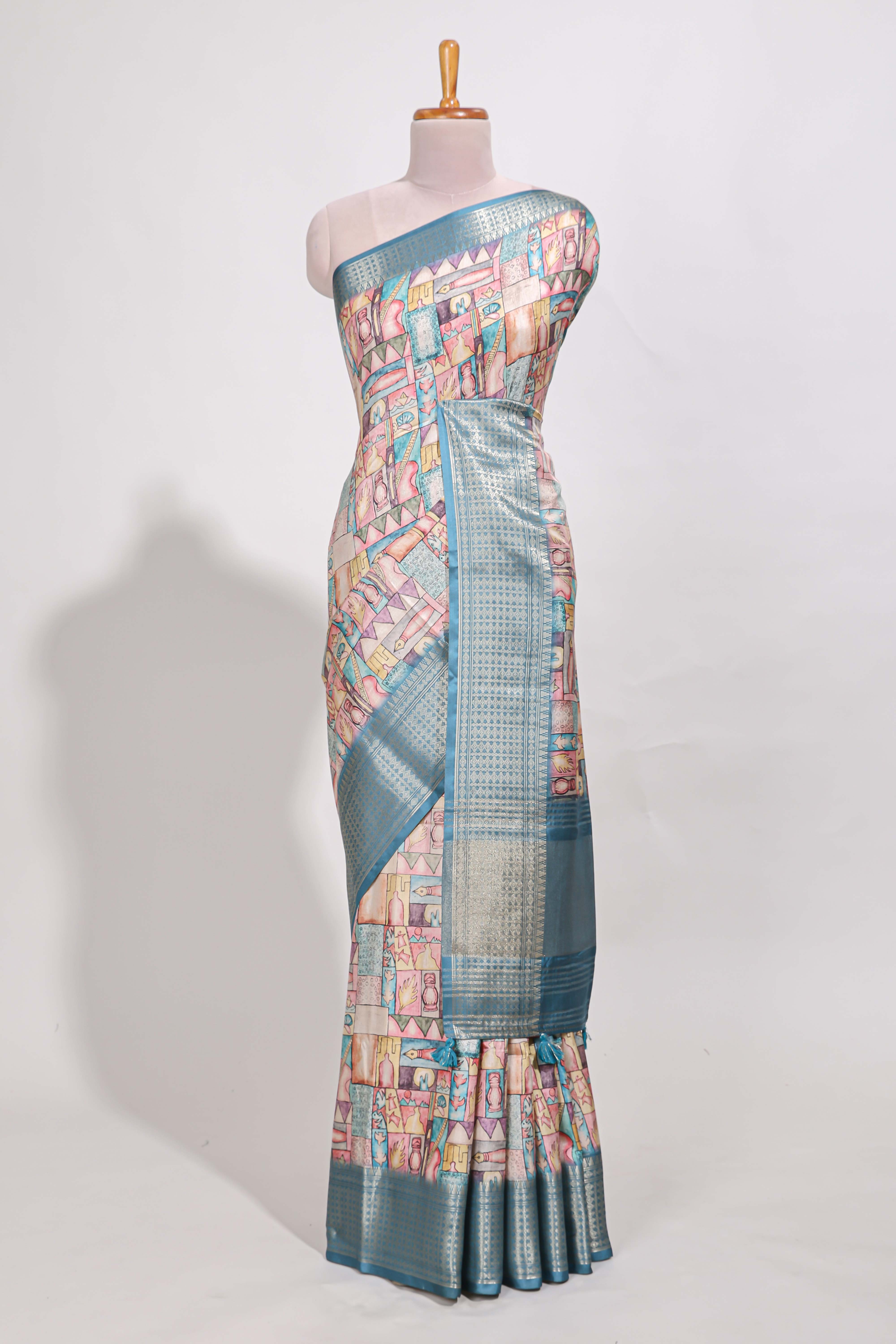 Blue colour story bookprintedsemi tussar saree with zari border and zari weaving blouse