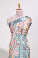 Blue colour story bookprintedsemi tussar saree with zari border and zari weaving blouse