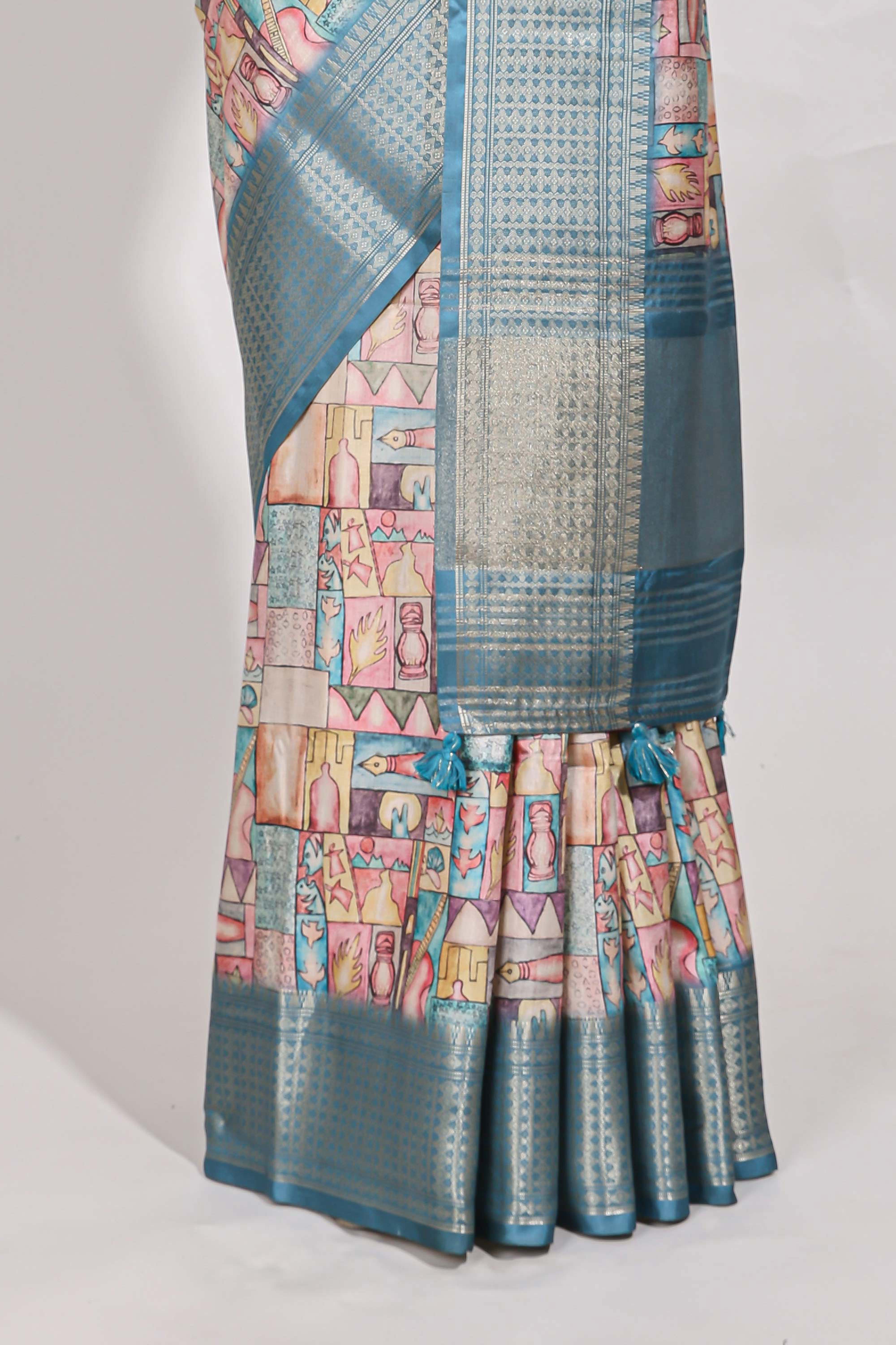 Blue colour story bookprintedsemi tussar saree with zari border and zari weaving blouse