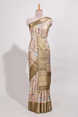 Mustard yellow colour story bookprintedsemi tussar saree with zari border and zari weaving blouse