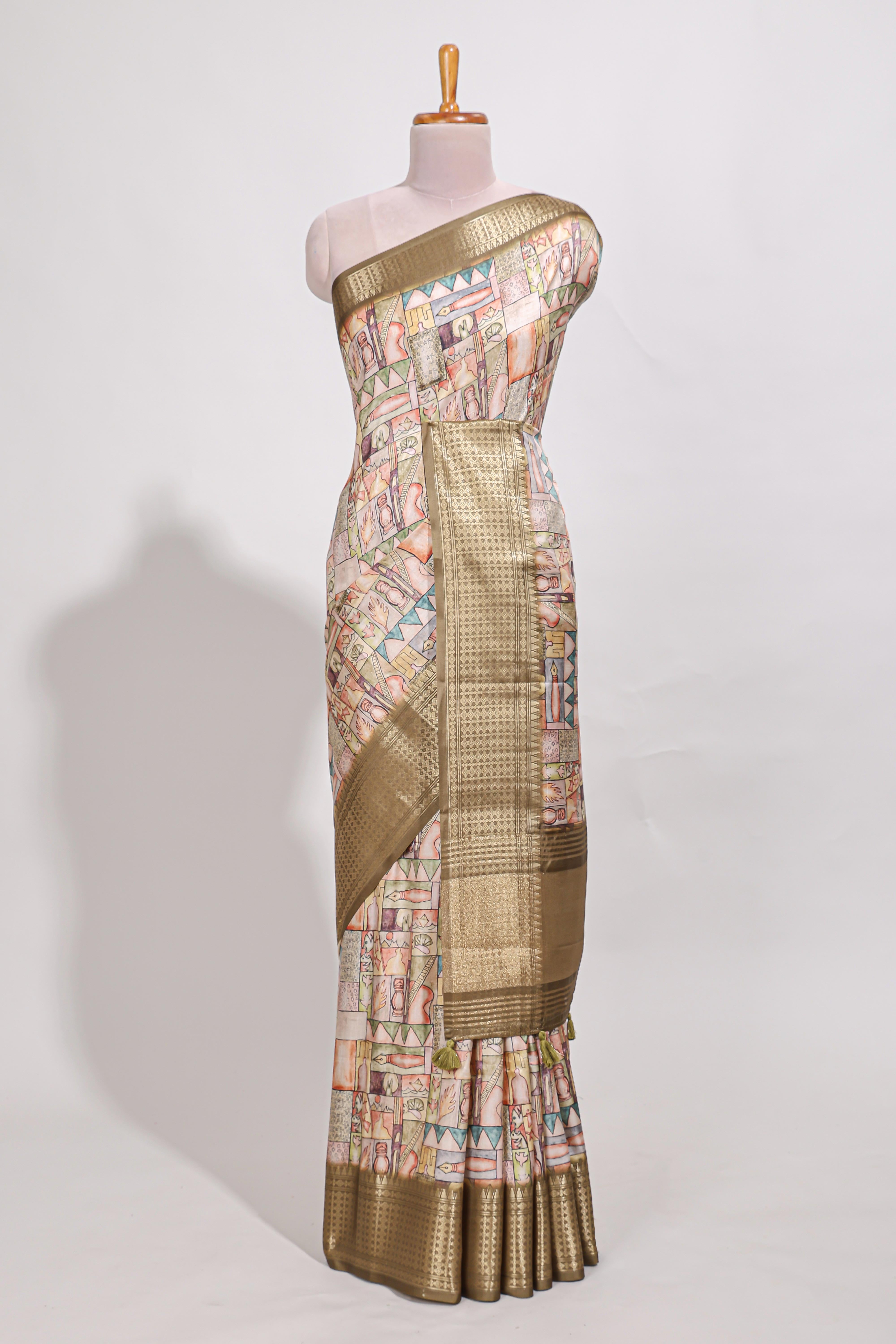 Mustard yellow colour story bookprintedsemi tussar saree with zari border and zari weaving blouse