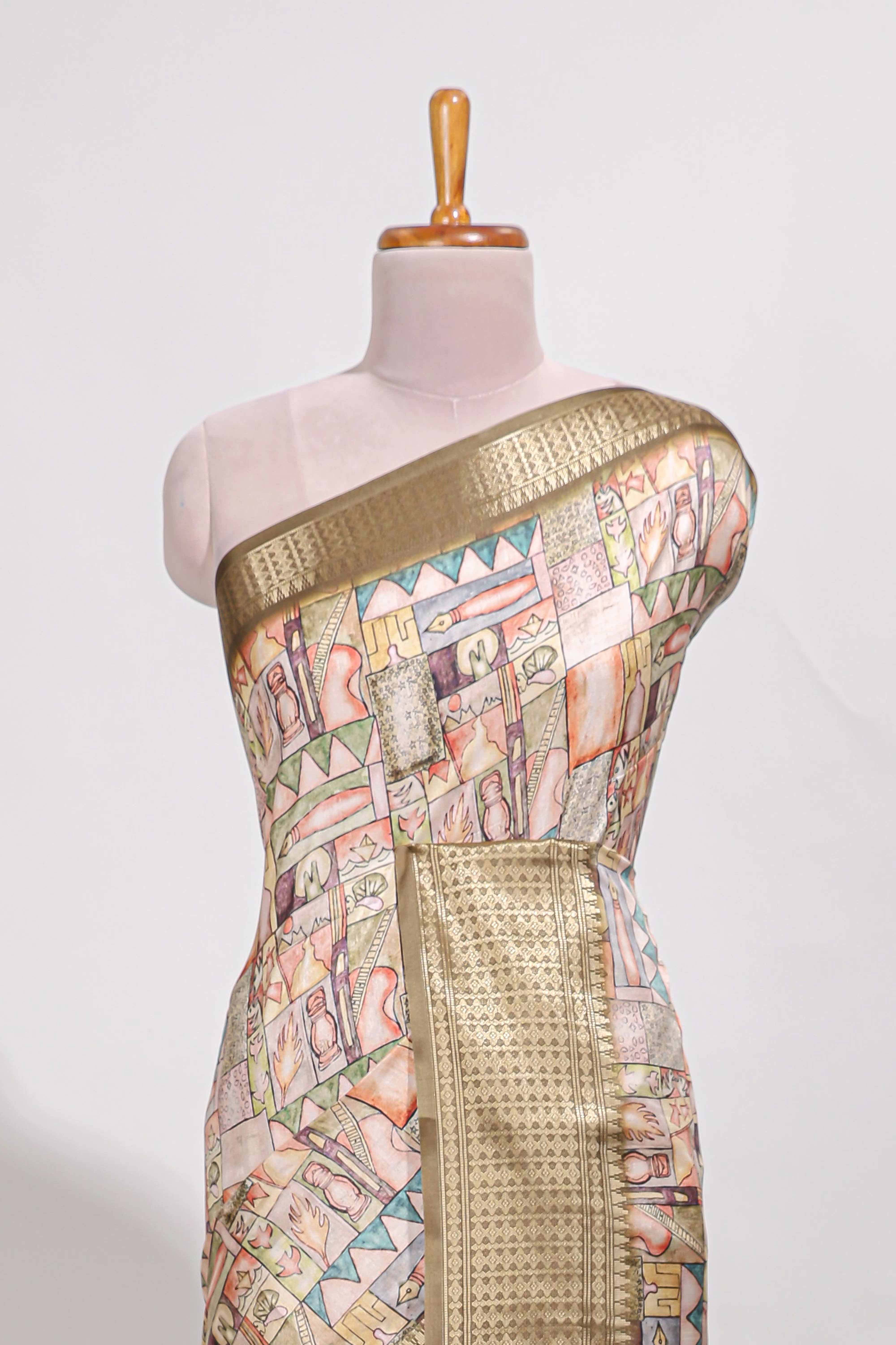 Mustard yellow colour story bookprintedsemi tussar saree with zari border and zari weaving blouse