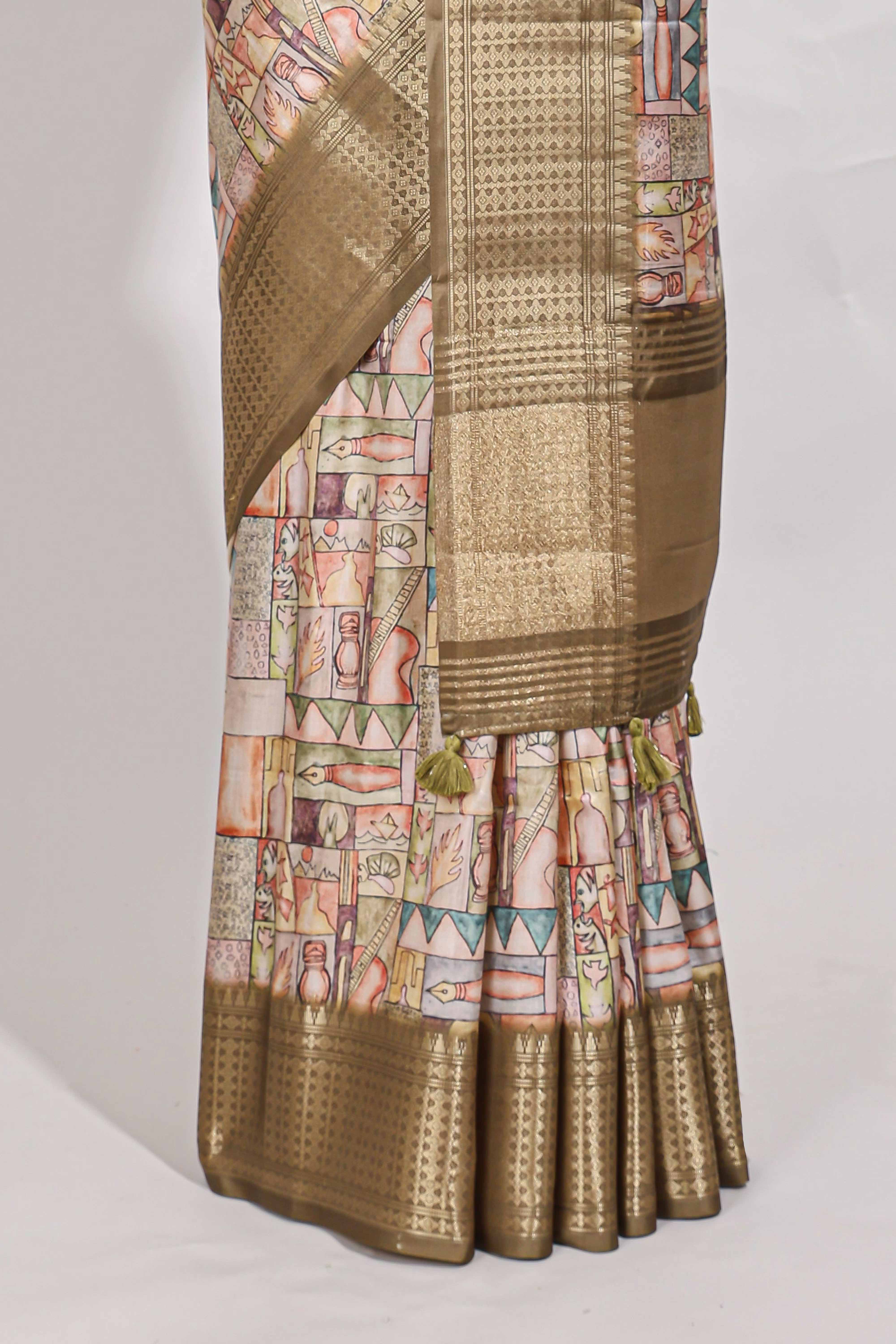 Mustard yellow colour story bookprintedsemi tussar saree with zari border and zari weaving blouse