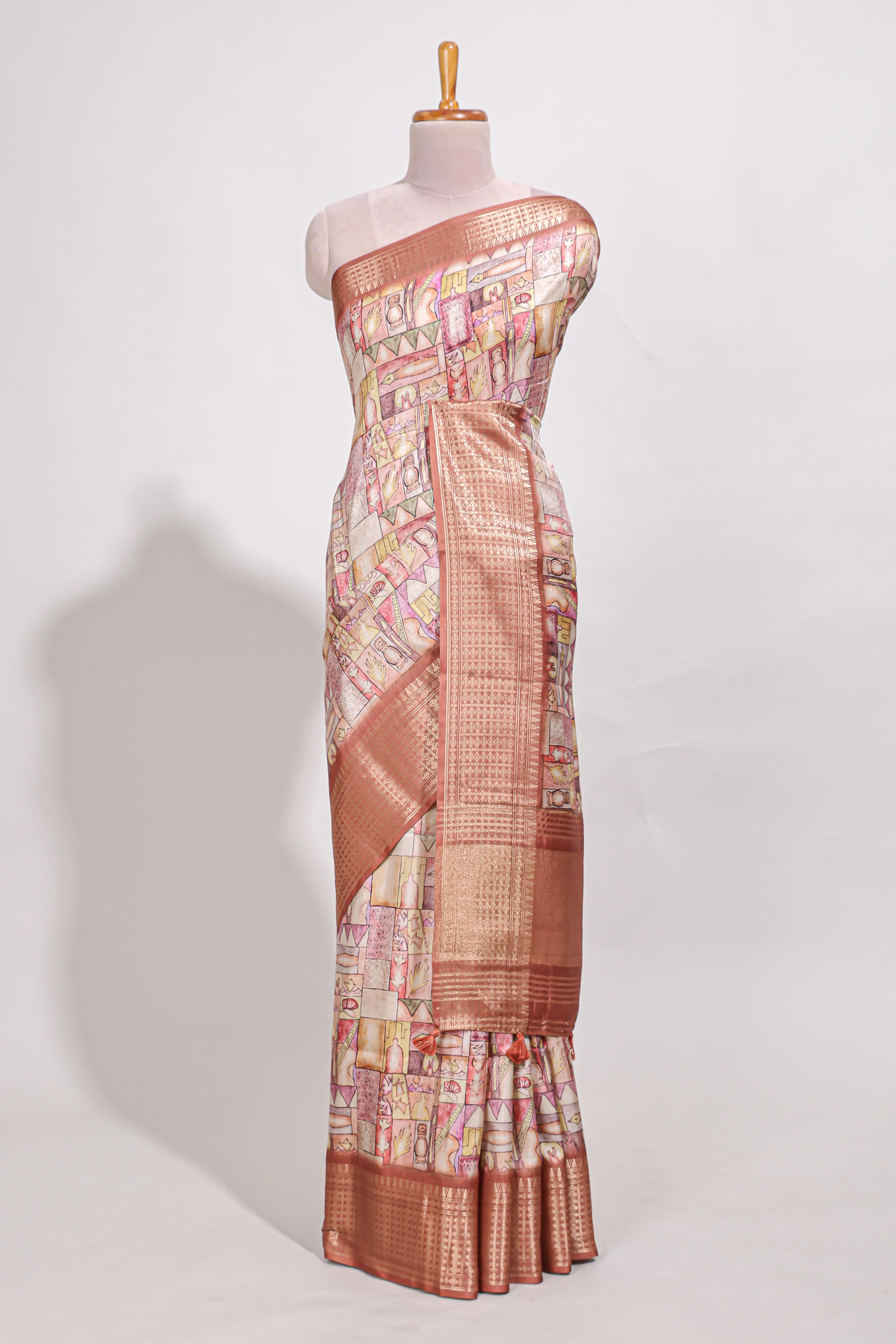 Rust orange colour story bookprintedsemi tussar saree with zari border and zari weaving blouse