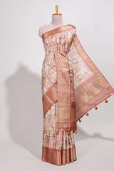 Rust orange colour story bookprintedsemi tussar saree with zari border and zari weaving blouse