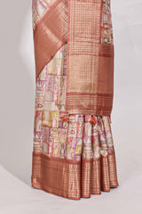 Rust orange colour story bookprintedsemi tussar saree with zari border and zari weaving blouse