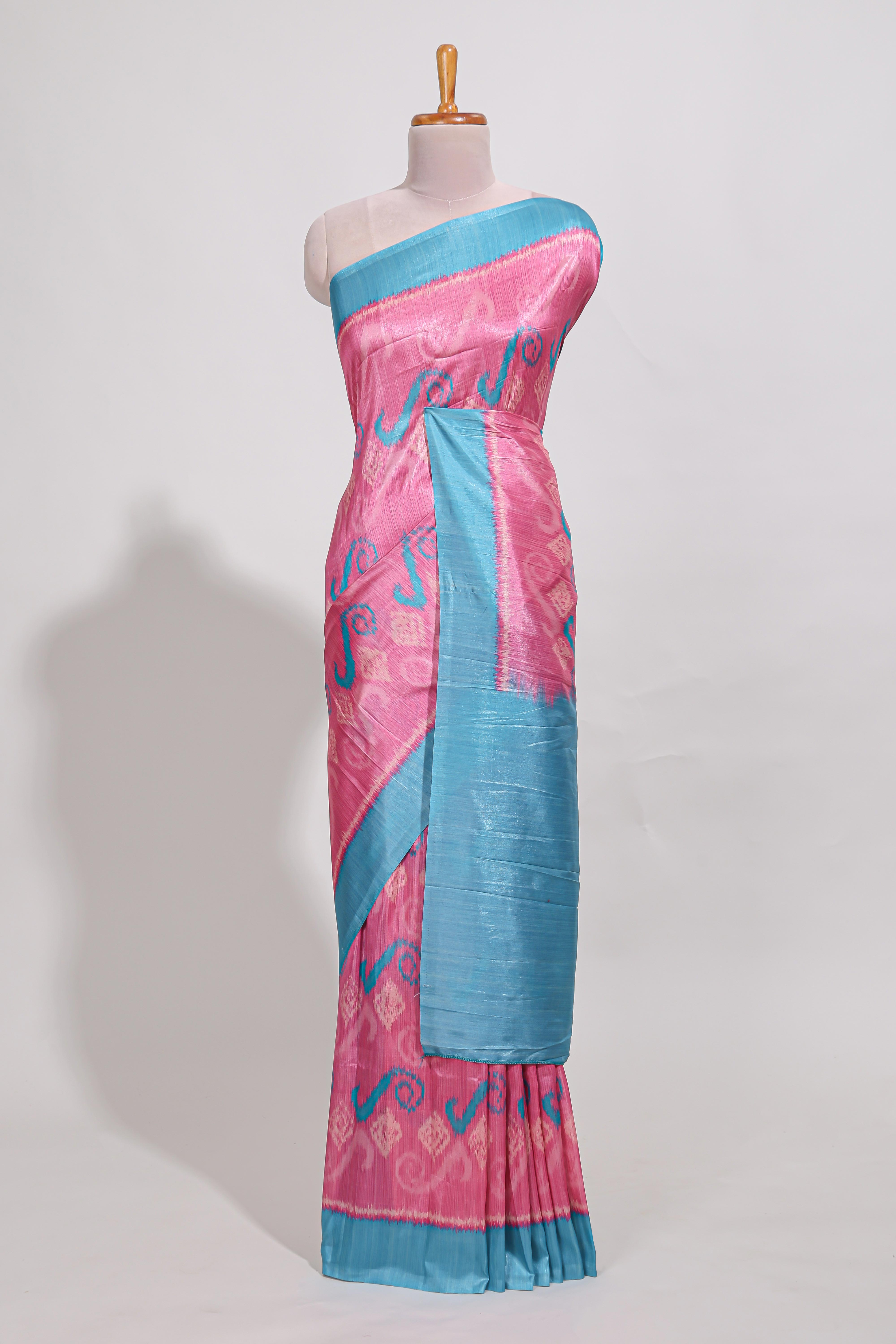 Pink colour and ikkat printed designsemi tussar saree with contrast border andcontrast blouse