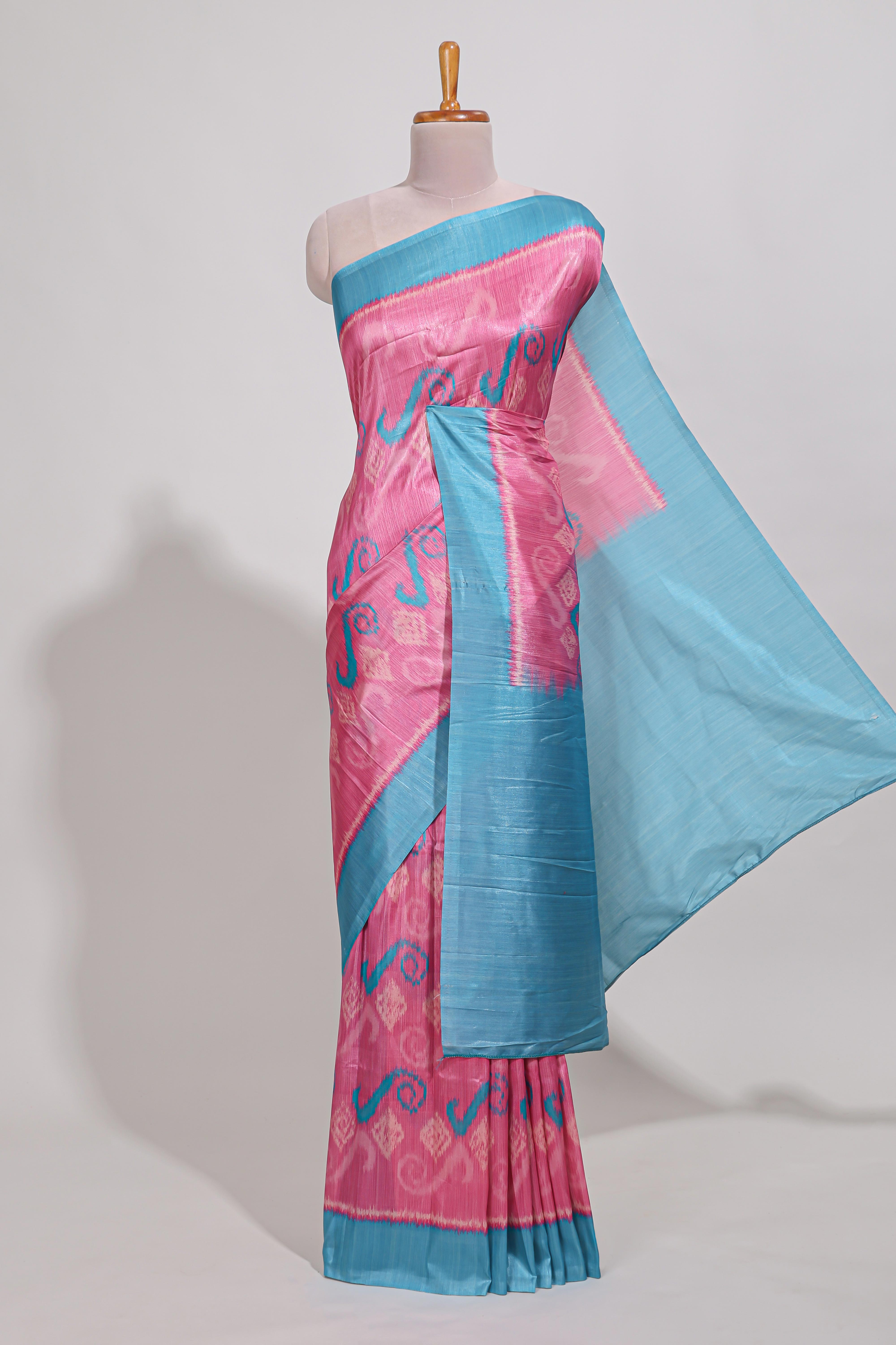 Pink colour and ikkat printed designsemi tussar saree with contrast border andcontrast blouse