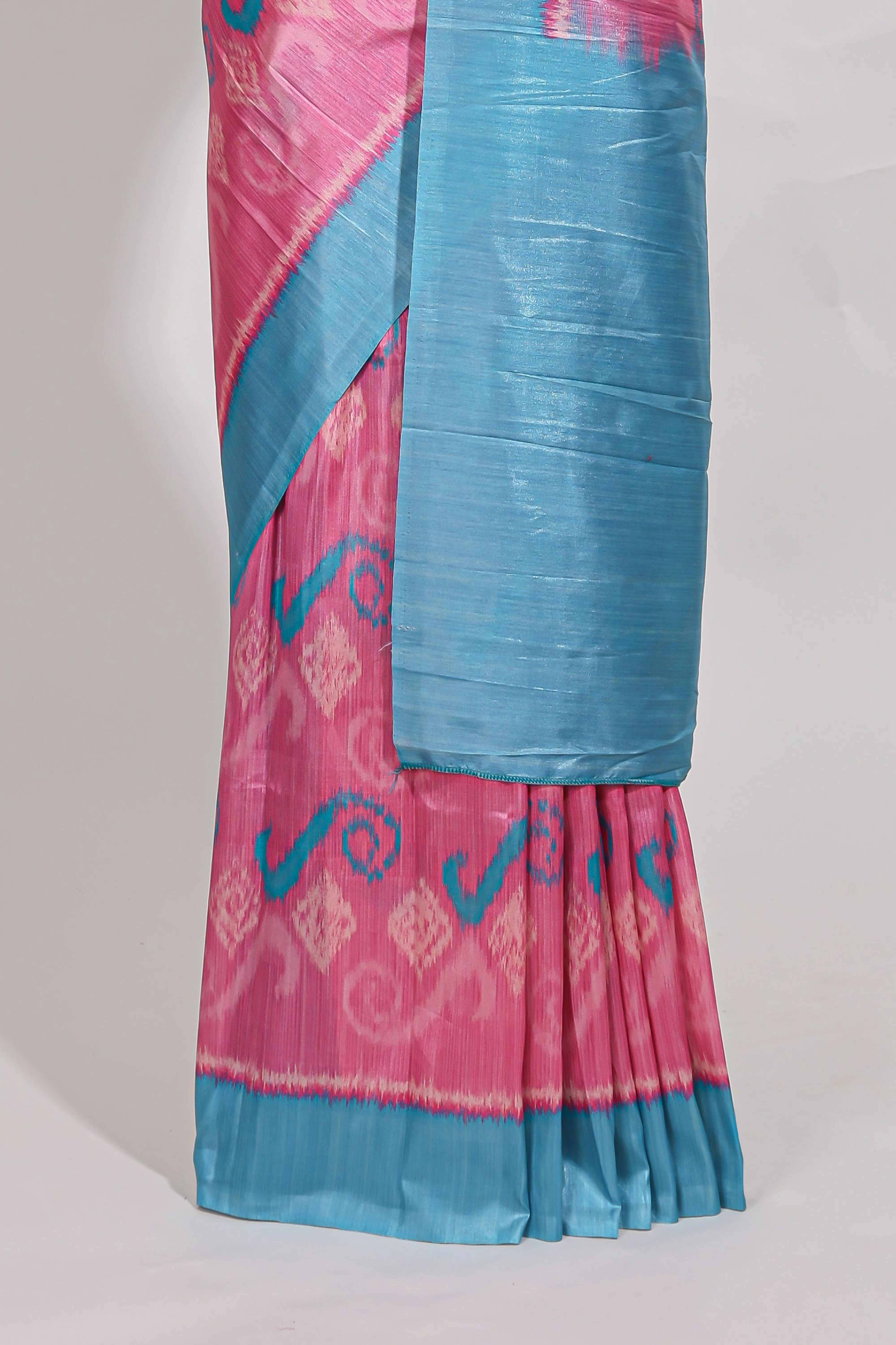 Pink colour and ikkat printed designsemi tussar saree with contrast border andcontrast blouse