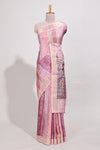 Pink colour kalamakri arttussar sareewith floral creeper prints zari border and kalamkari motif print pallu