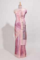 Pink colour kalamakri arttussar sareewith floral creeper prints zari border and kalamkari motif print pallu