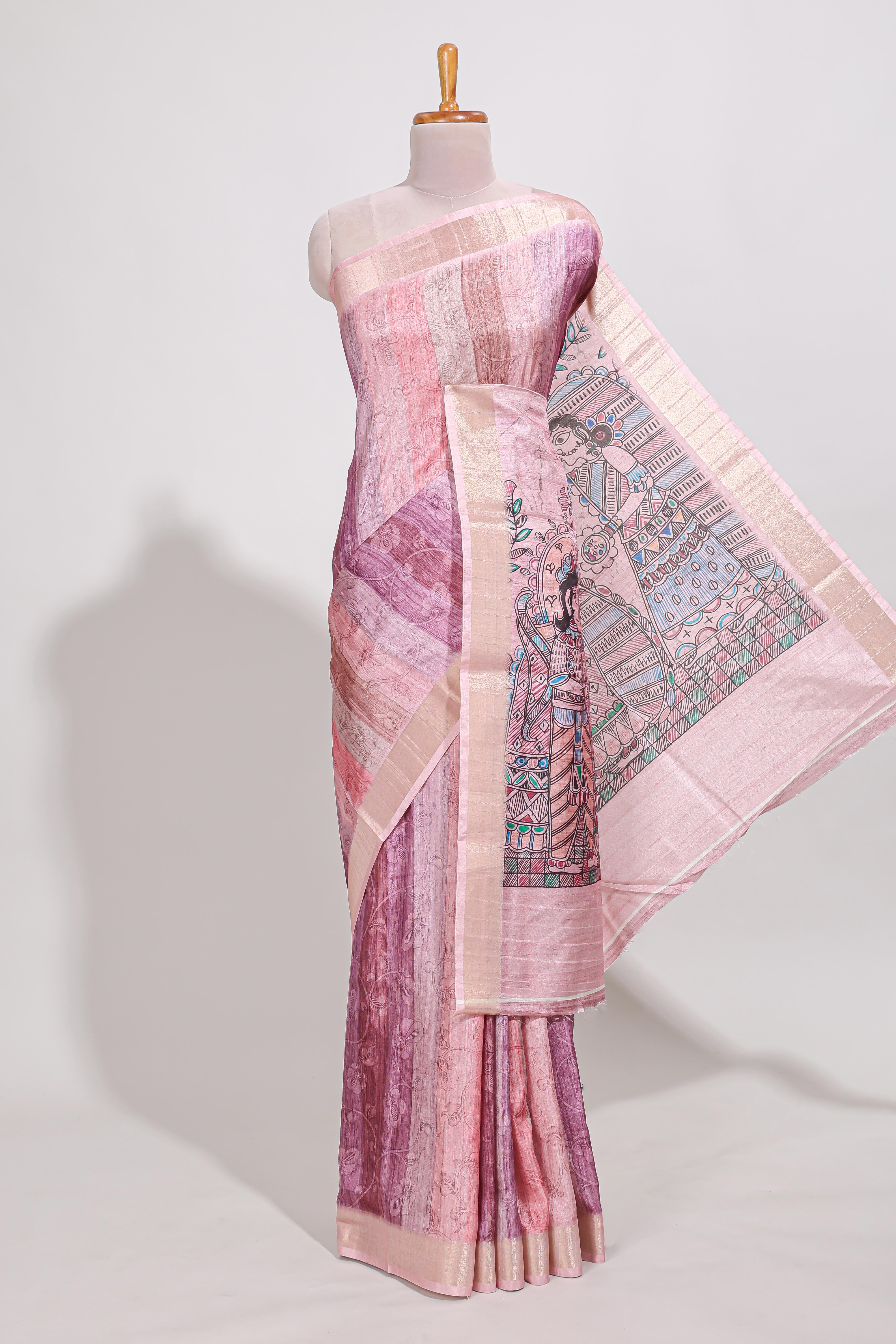 Pink colour kalamakri arttussar sareewith floral creeper prints zari border and kalamkari motif print pallu