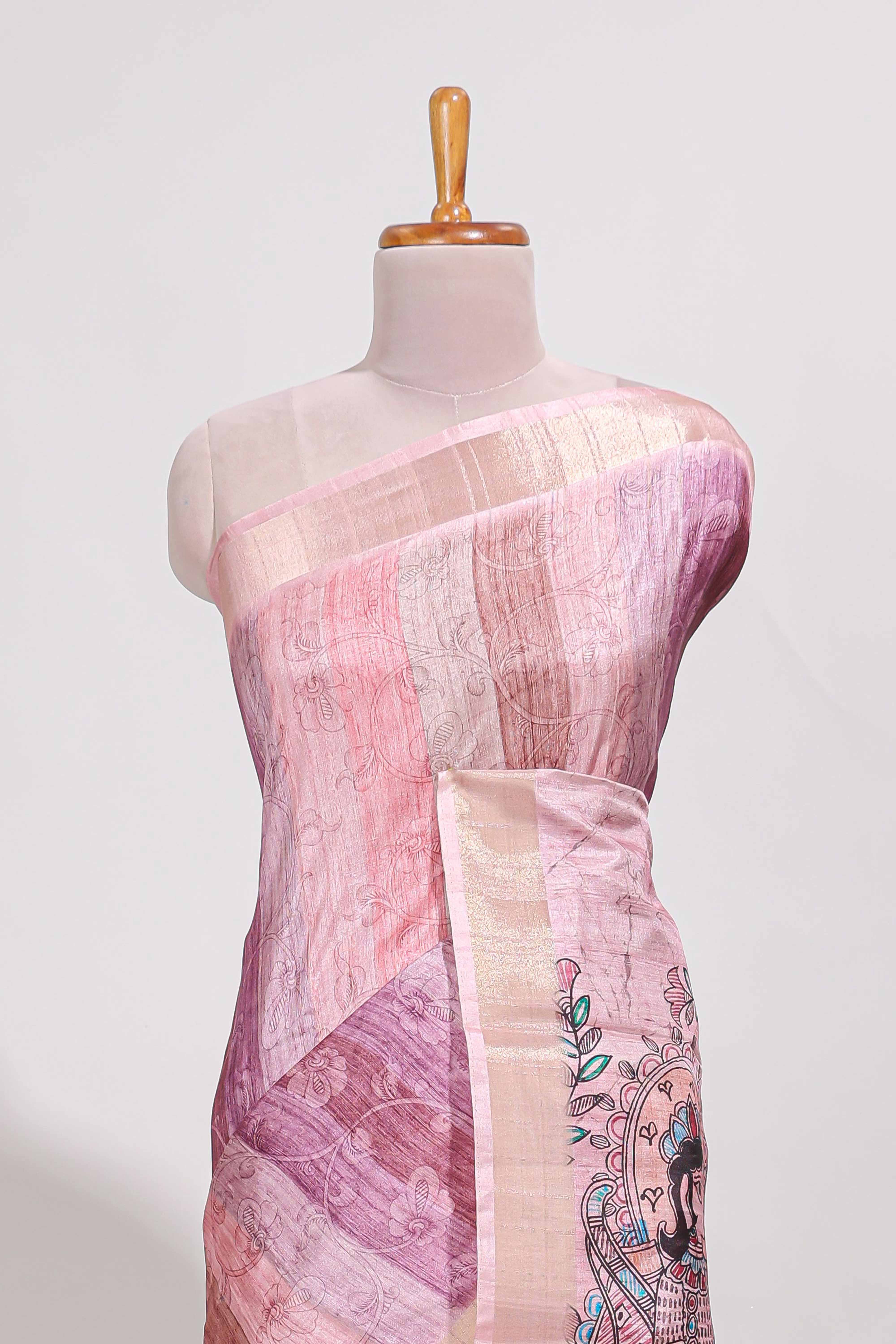 Pink colour kalamakri arttussar sareewith floral creeper prints zari border and kalamkari motif print pallu