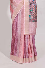 Pink colour kalamakri arttussar sareewith floral creeper prints zari border and kalamkari motif print pallu