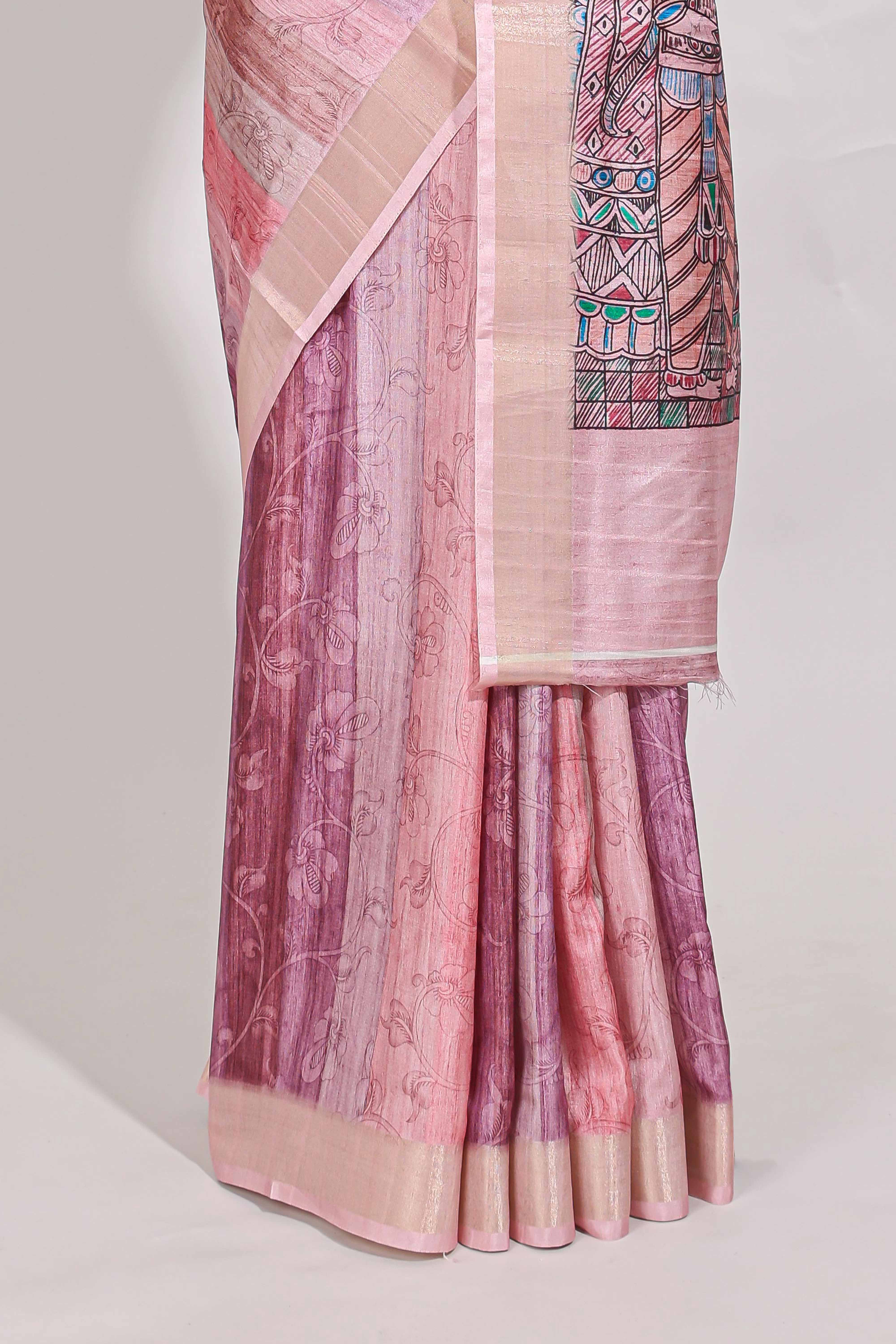 Pink colour kalamakri arttussar sareewith floral creeper prints zari border and kalamkari motif print pallu