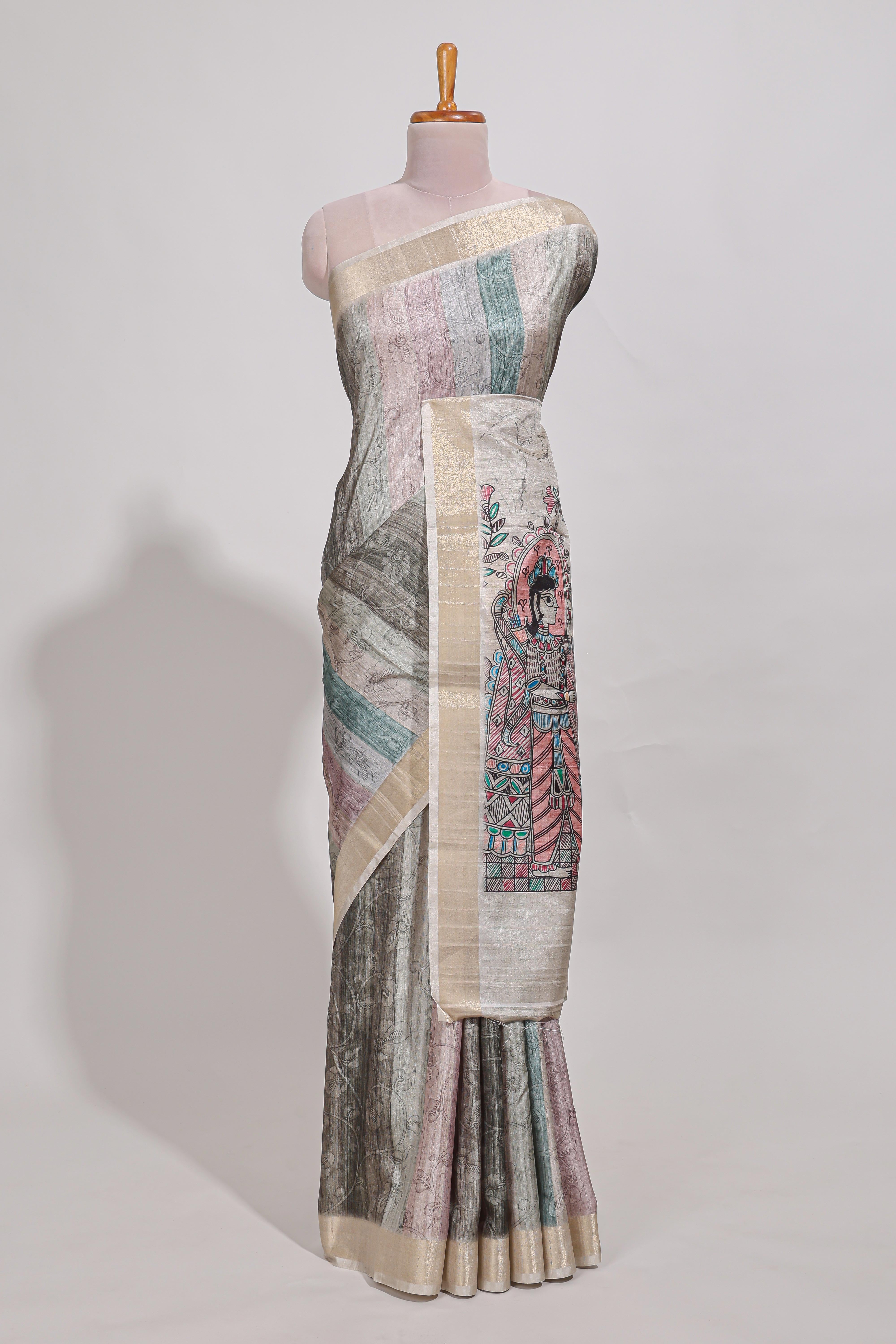 Green colour kalamakri arttussar sareewith floral creeper prints zari border and kalamkari motif print pallu