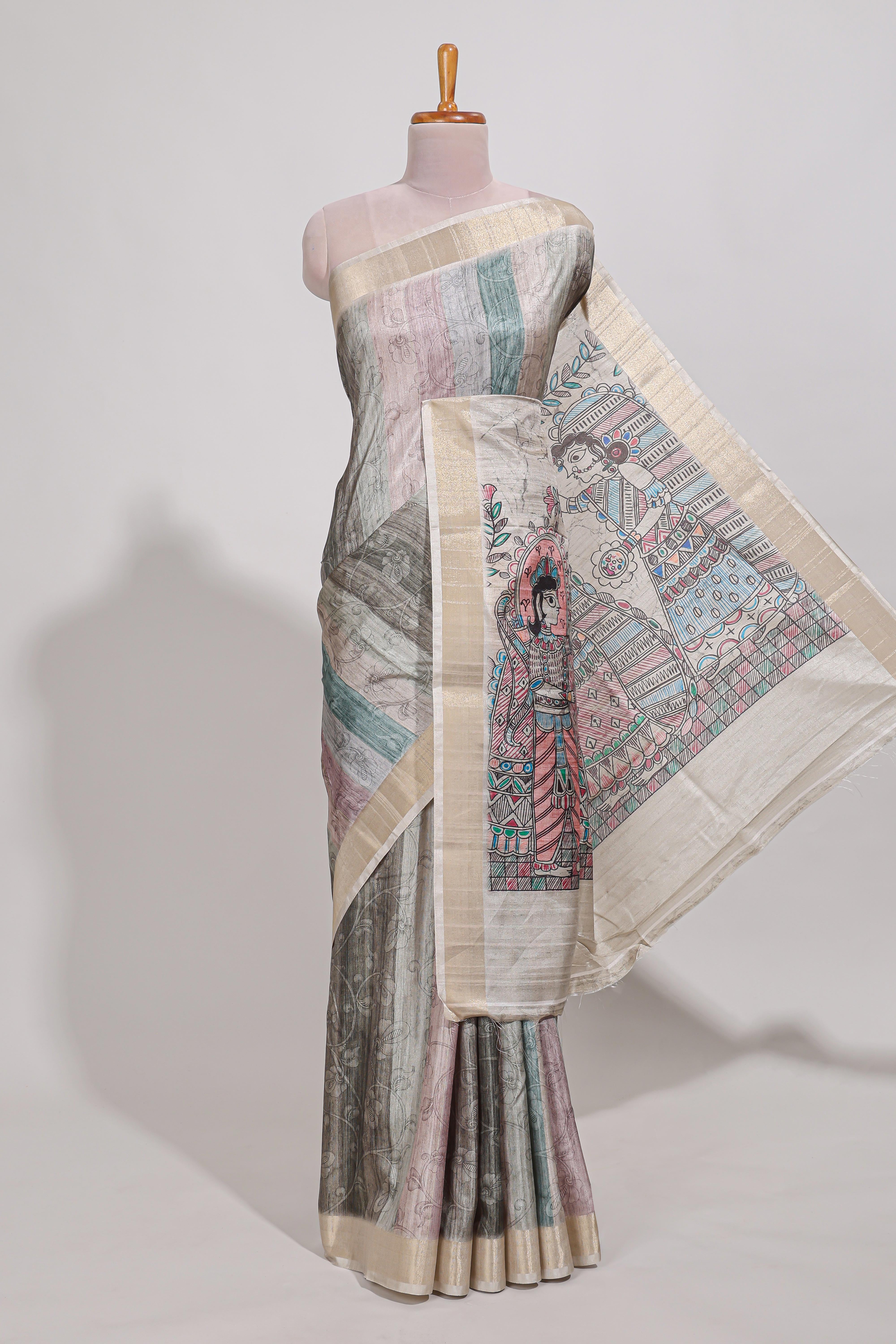 Green colour kalamakri arttussar sareewith floral creeper prints zari border and kalamkari motif print pallu