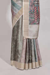 Green colour kalamakri arttussar sareewith floral creeper prints zari border and kalamkari motif print pallu