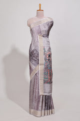 Multi colour kalamakri arttussar sareewith floral creeper prints zari border and kalamkari motif print pallu