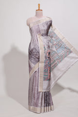 Multi colour kalamakri arttussar sareewith floral creeper prints zari border and kalamkari motif print pallu