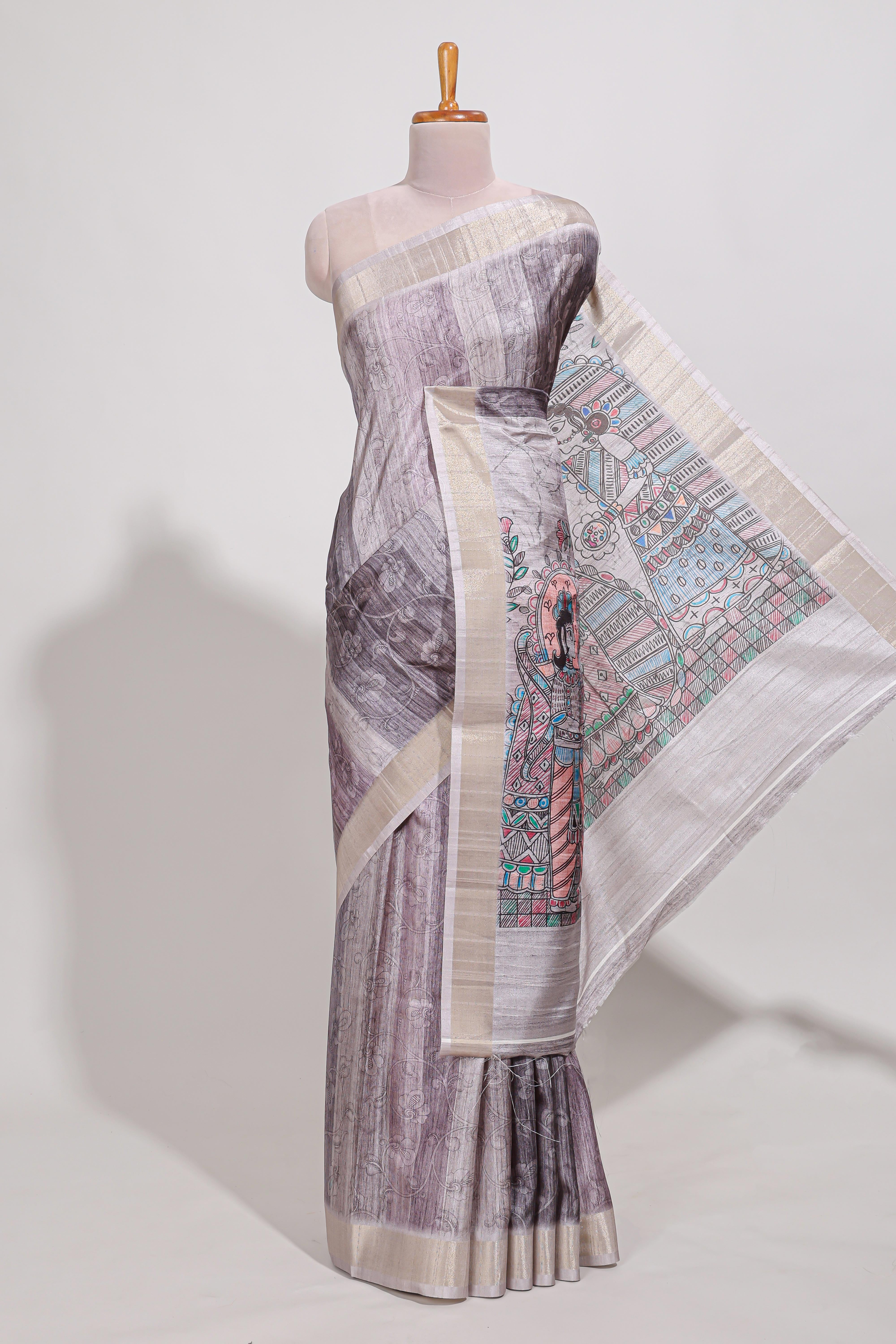 Multi colour kalamakri arttussar sareewith floral creeper prints zari border and kalamkari motif print pallu