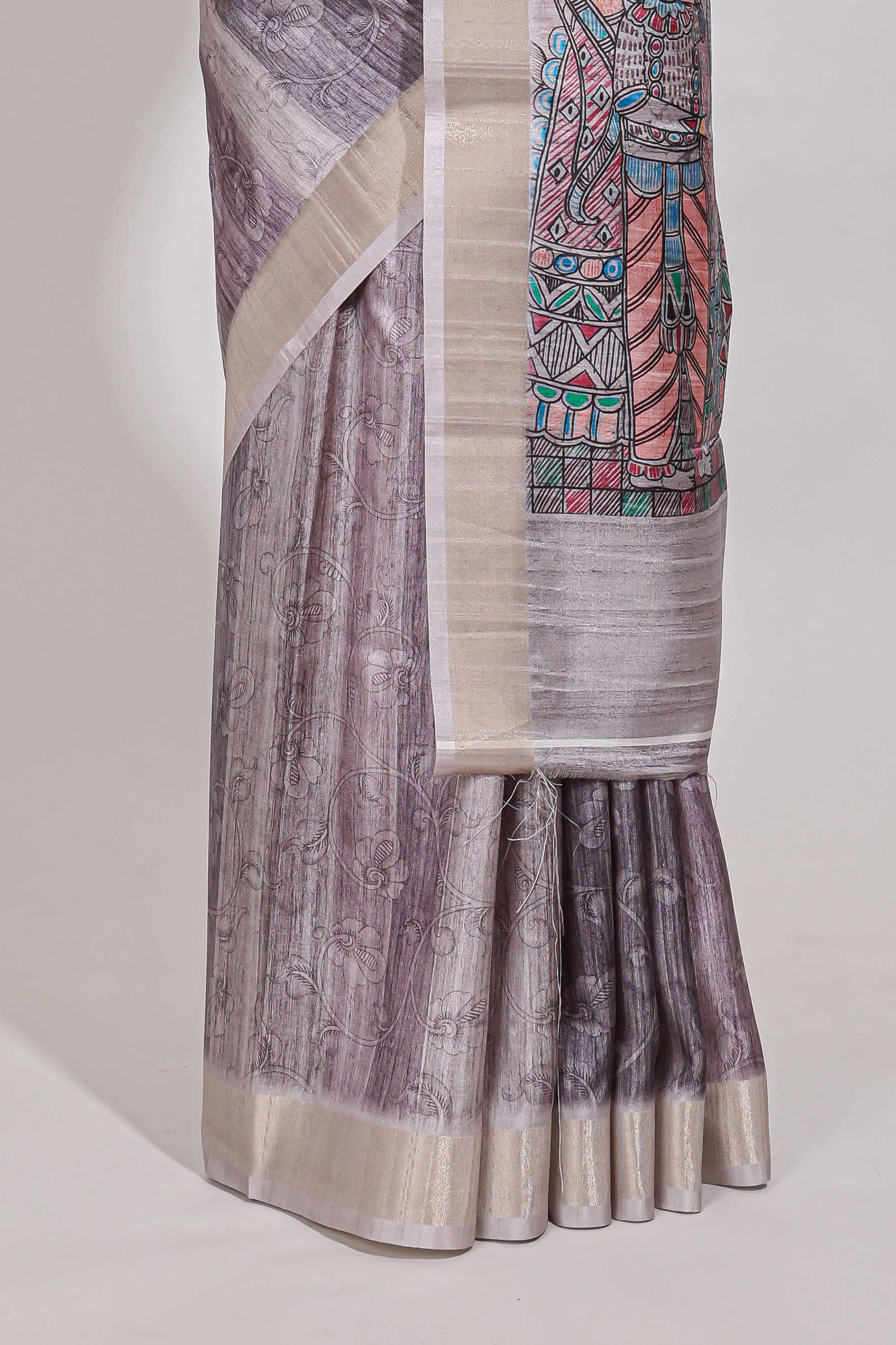 Multi colour kalamakri arttussar sareewith floral creeper prints zari border and kalamkari motif print pallu