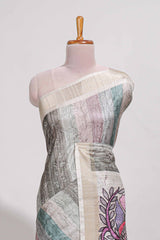 Pastel green colour kalamakri arttussar sareewith floral creeper prints zari border and kalamkari peacock motif print pallu