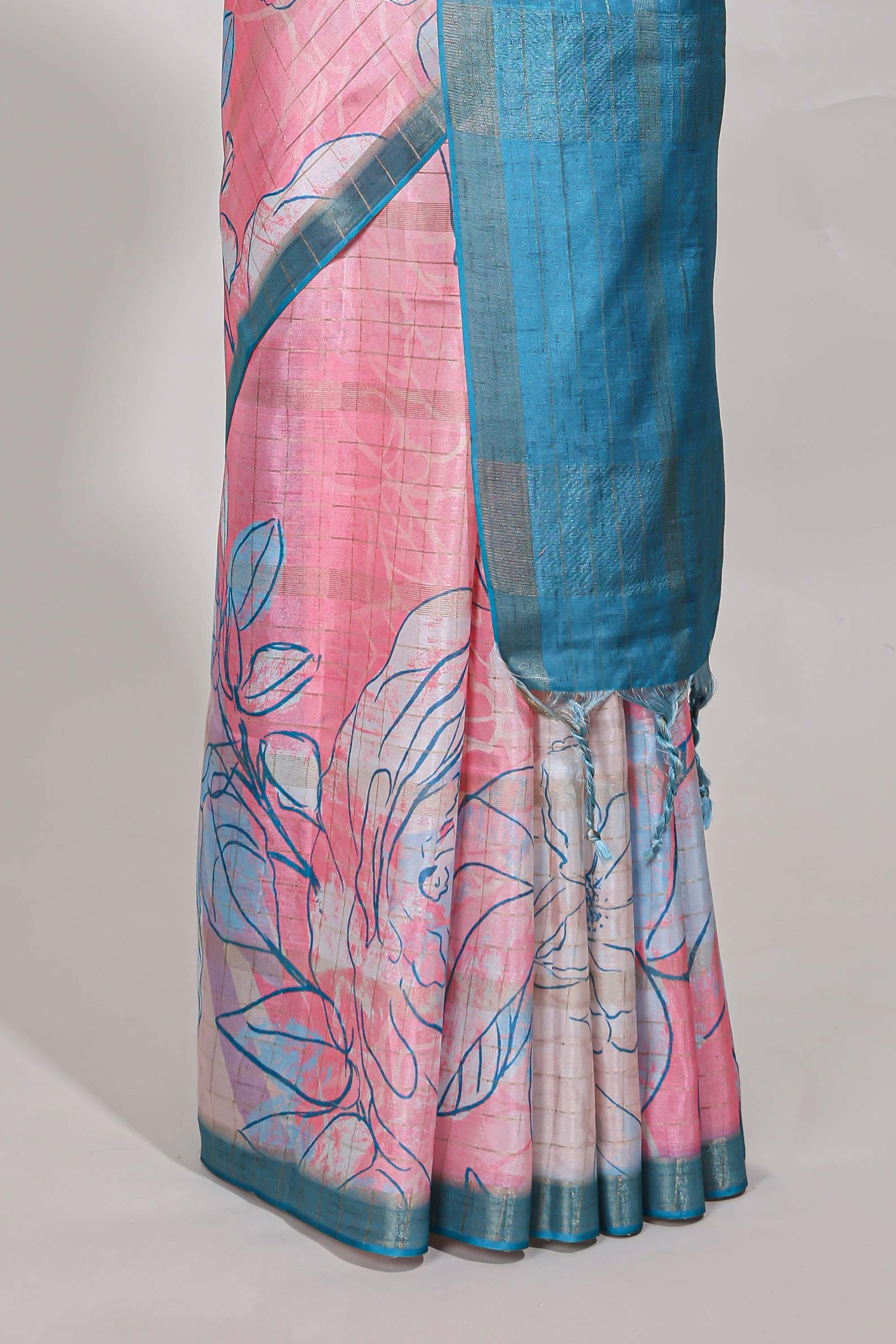 Multi colour and floral semi tussar saree with contrast border andcontrast blouse