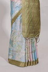 Multi colour and floral designsemi tussar saree with olive border andcontrast blouse