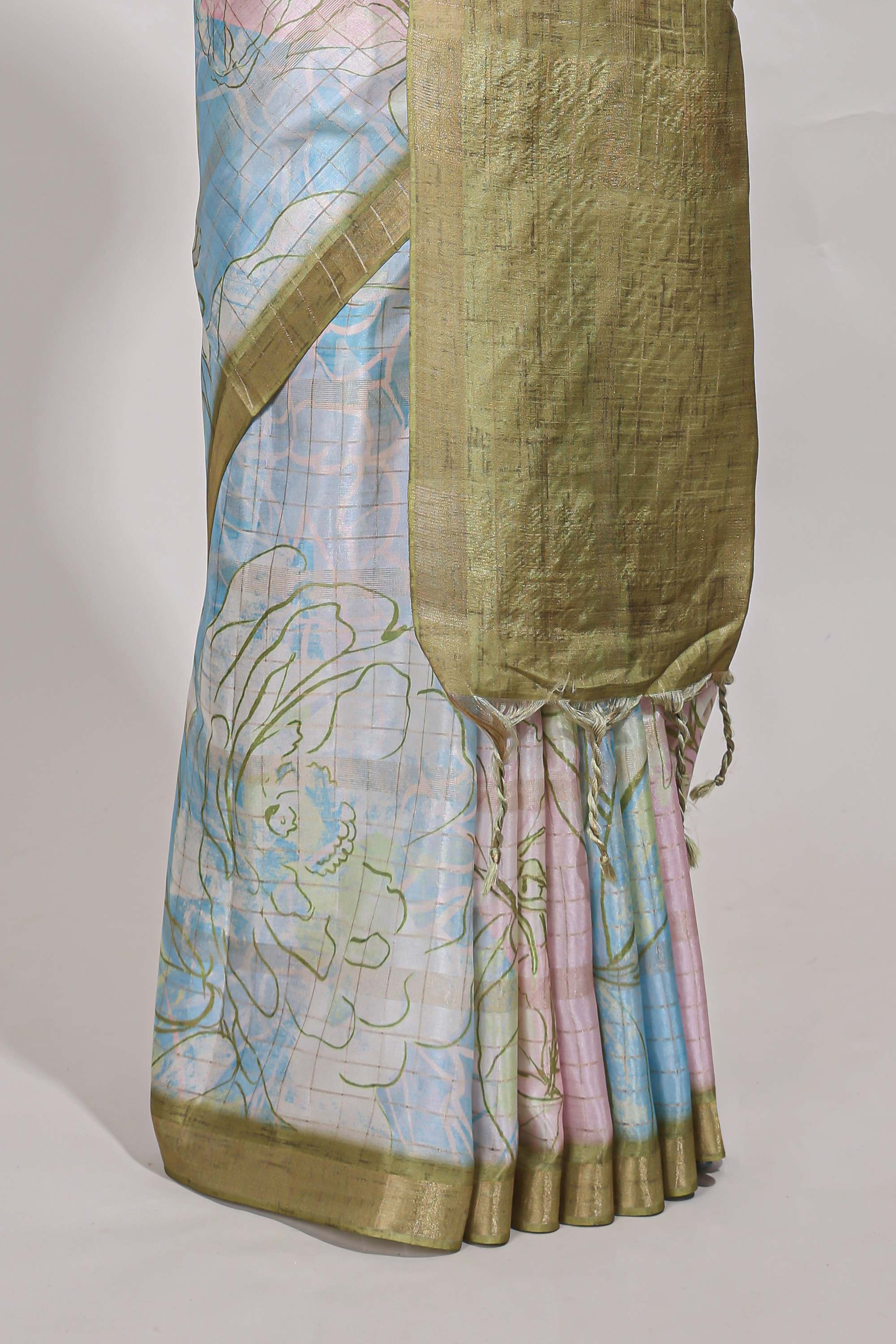 Multi colour and floral designsemi tussar saree with olive border andcontrast blouse