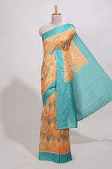 orange colour and ikkat printed designsemi tussar saree with contrast border andcontrast blouse