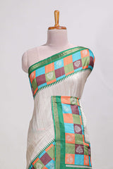 beige coloursemi tussar saree with contrast multi colour checkedborder andcontrastchecked blouse