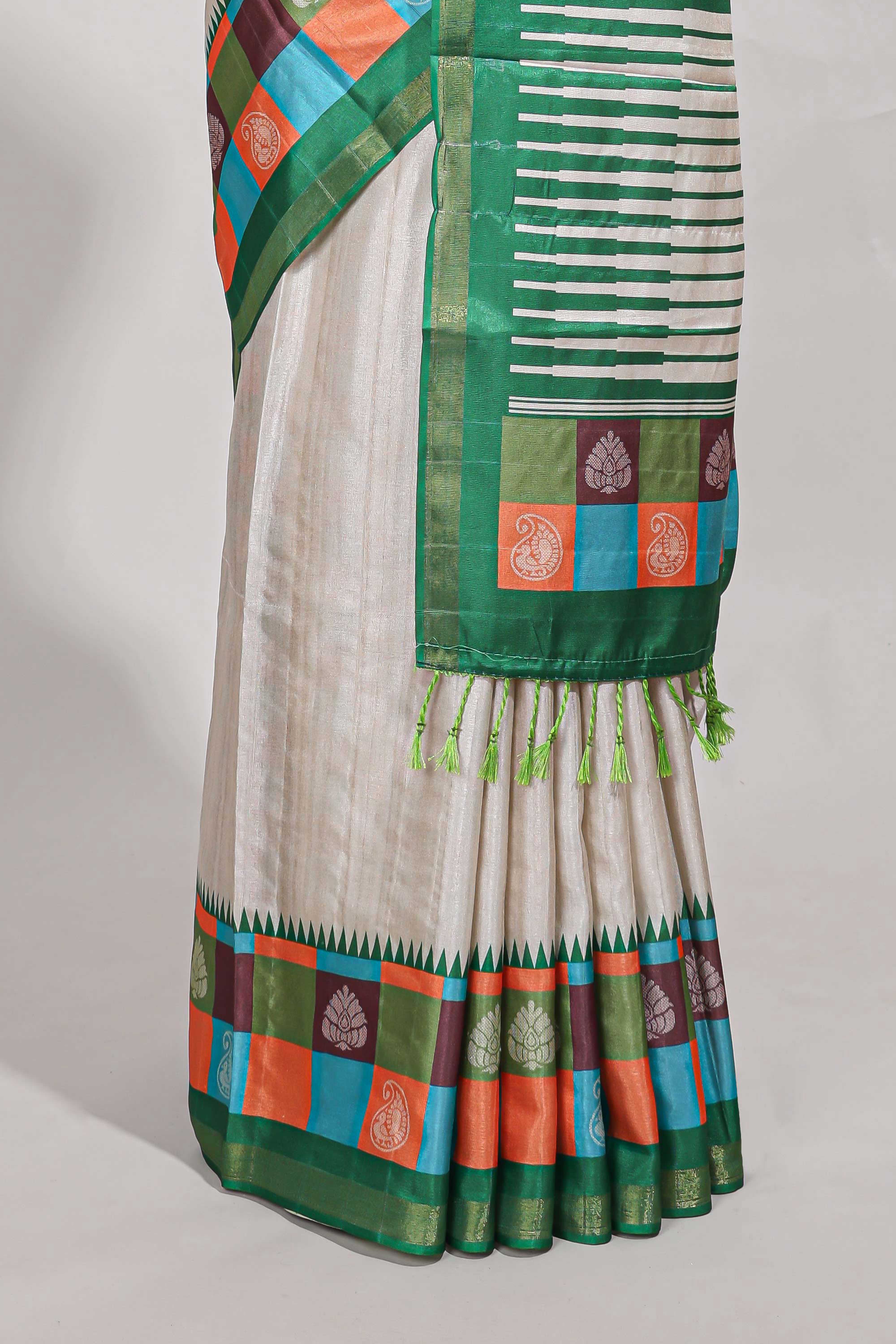 beige coloursemi tussar saree with contrast multi colour checkedborder andcontrastchecked blouse