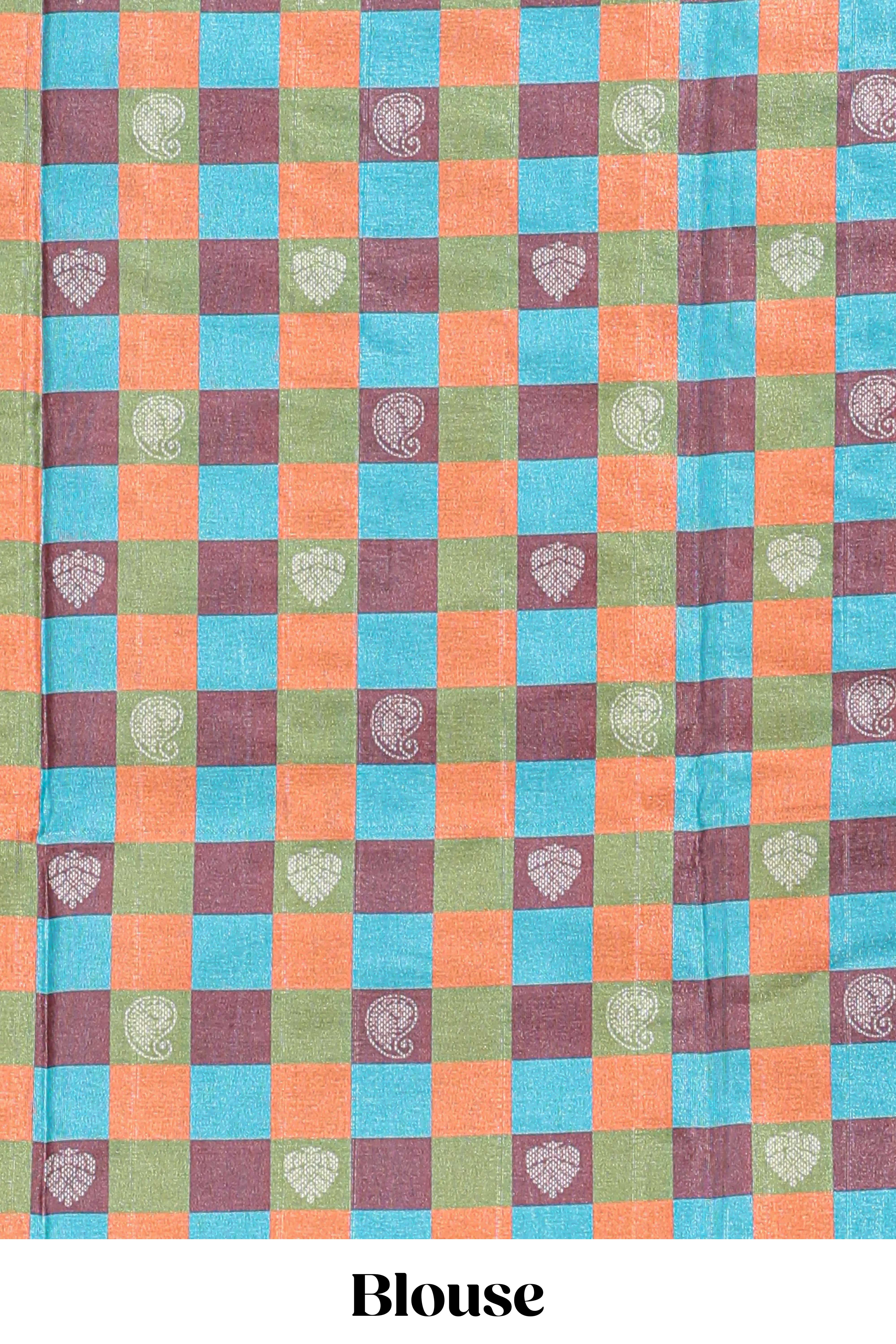 beige coloursemi tussar saree with contrast multi colour checkedborder andcontrastchecked blouse
