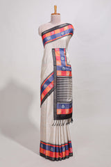 beige coloursemi tussar sareecontrast checkedborder andcontrastchecked blouse