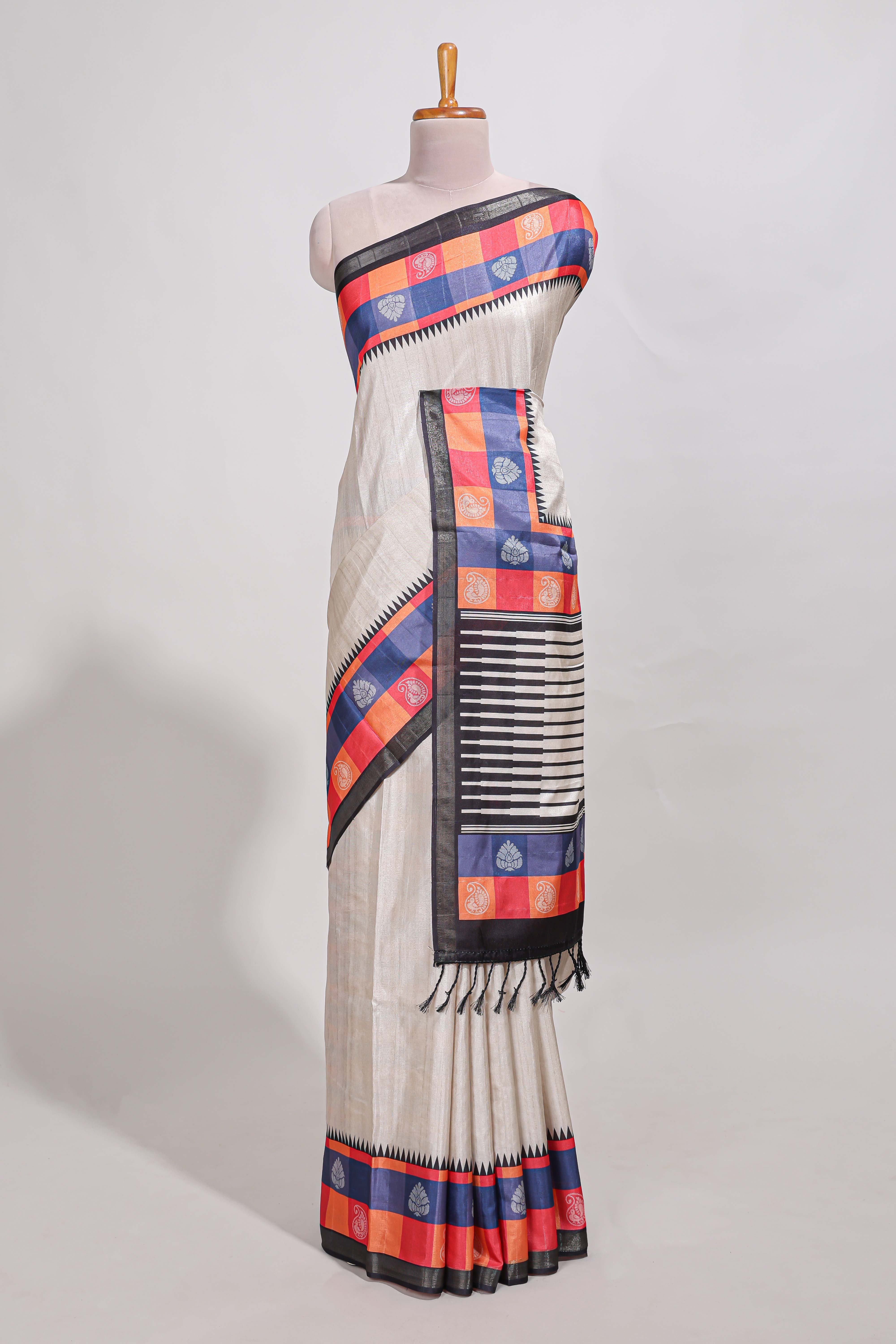beige coloursemi tussar sareecontrast checkedborder andcontrastchecked blouse