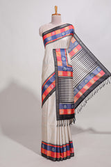 beige coloursemi tussar sareecontrast checkedborder andcontrastchecked blouse