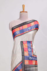beige coloursemi tussar sareecontrast checkedborder andcontrastchecked blouse