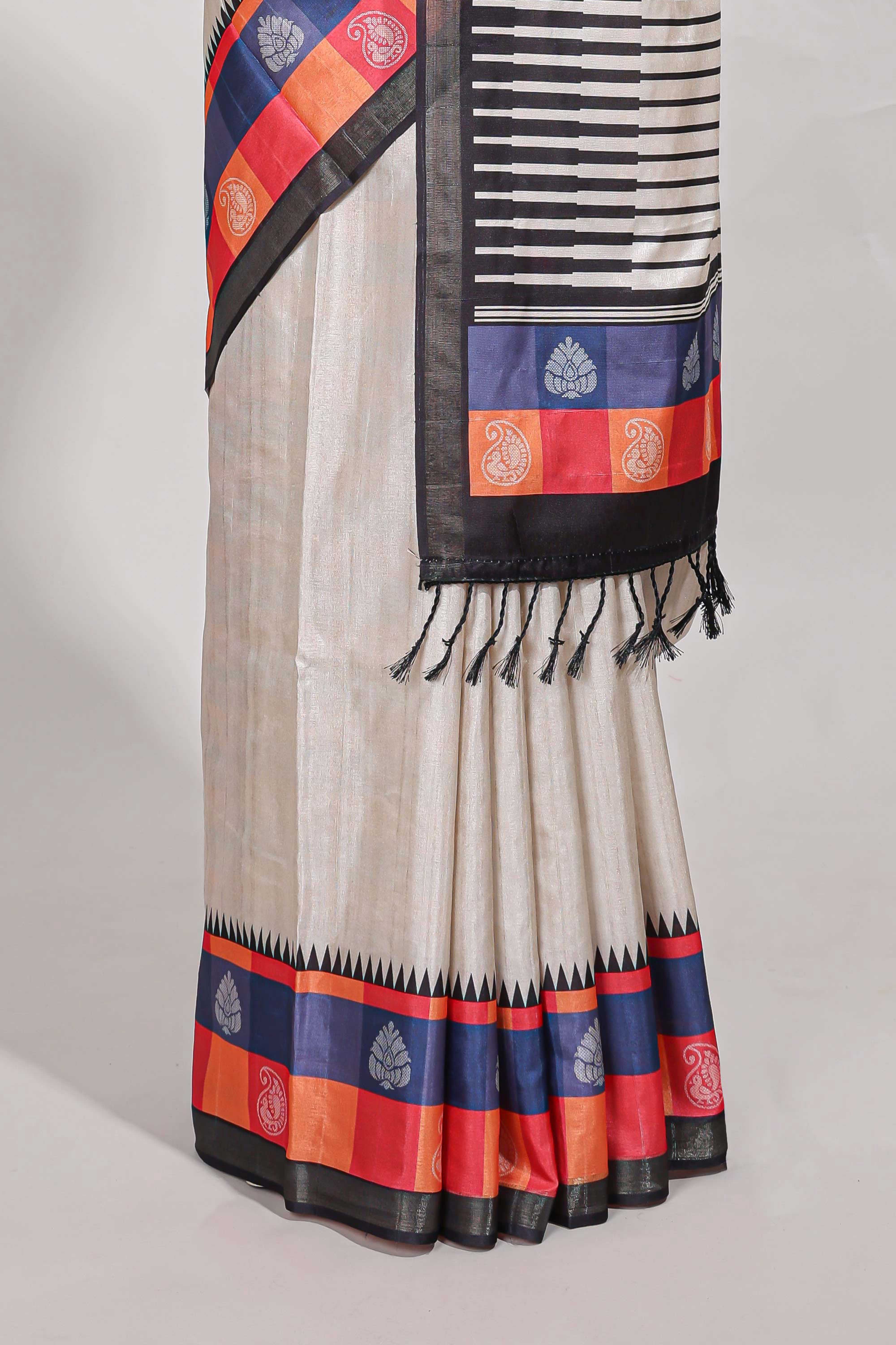 beige coloursemi tussar sareecontrast checkedborder andcontrastchecked blouse