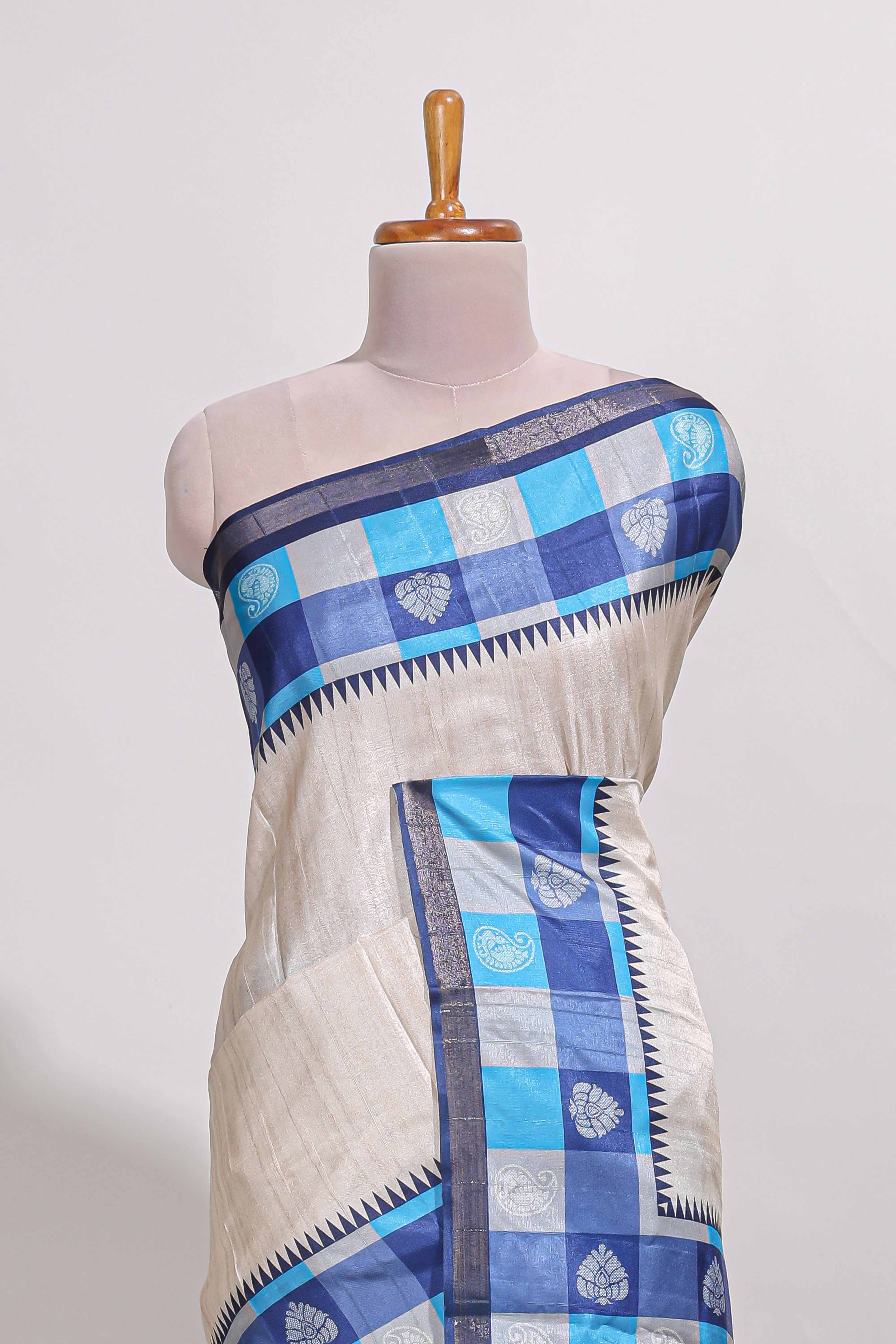 beige coloursemi tussar saree with contrast checkedborder andcontrastchecked blouse