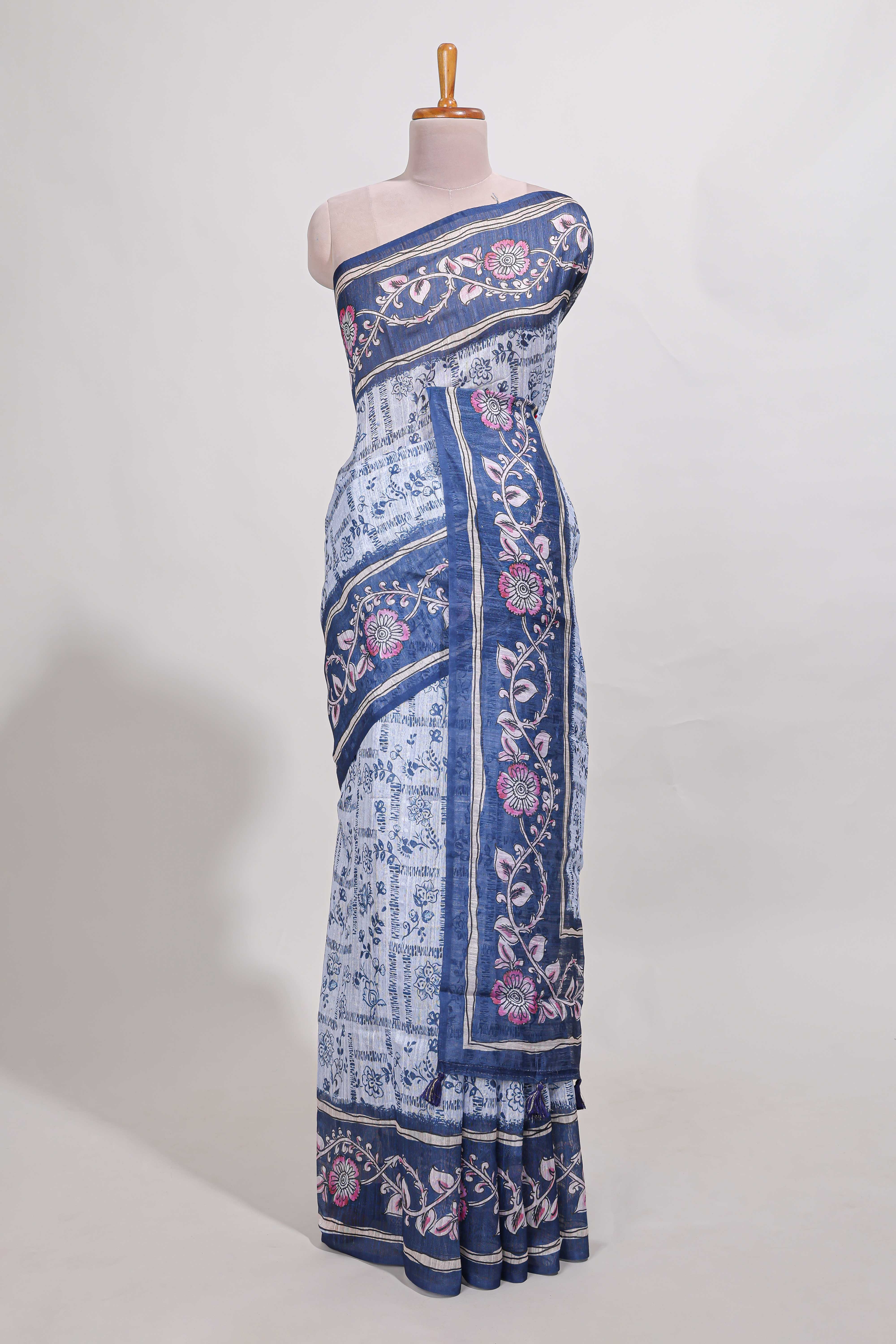 bluecolour floral printedsemi tussar saree with creeperborder and matching blouse