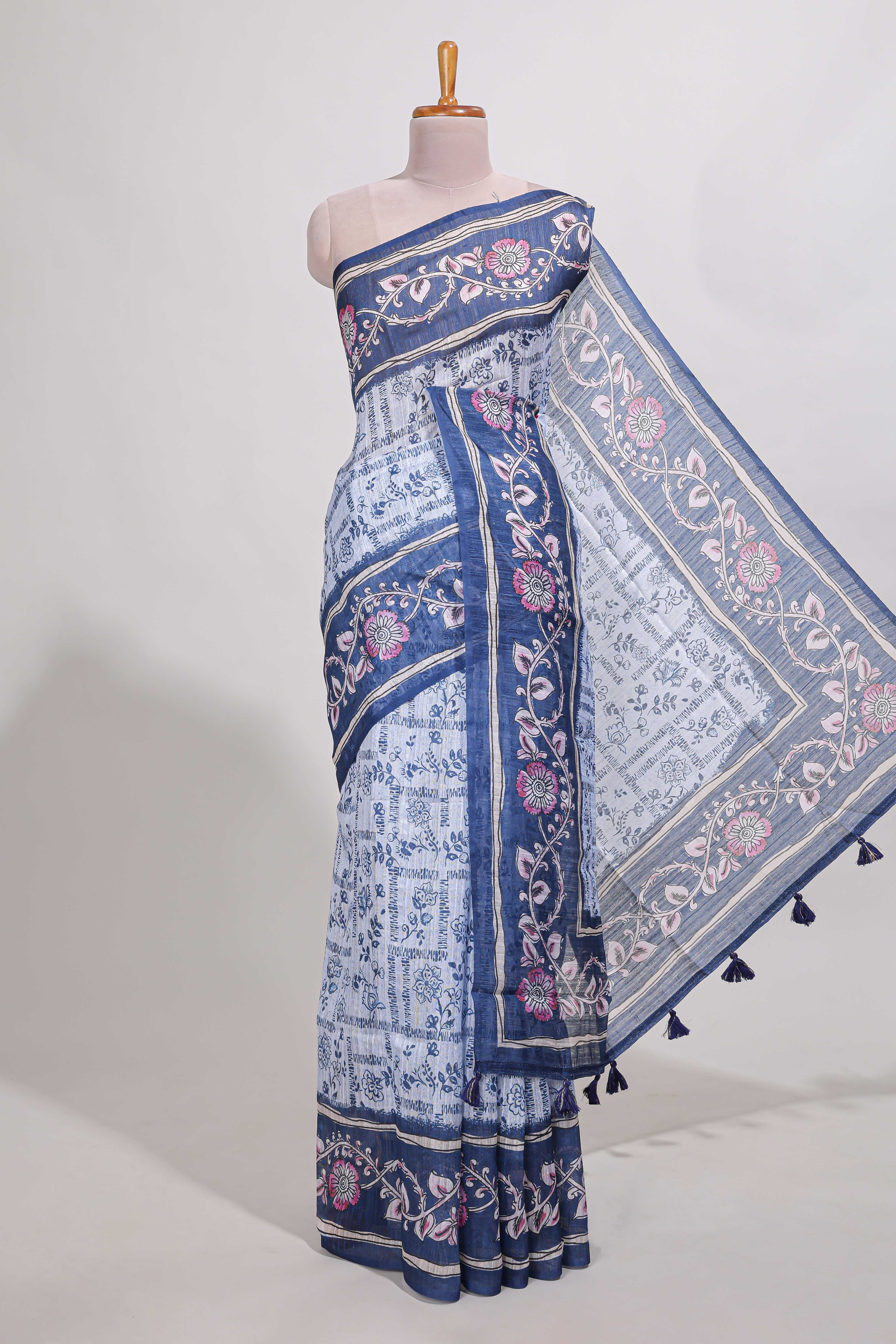 bluecolour floral printedsemi tussar saree with creeperborder and matching blouse