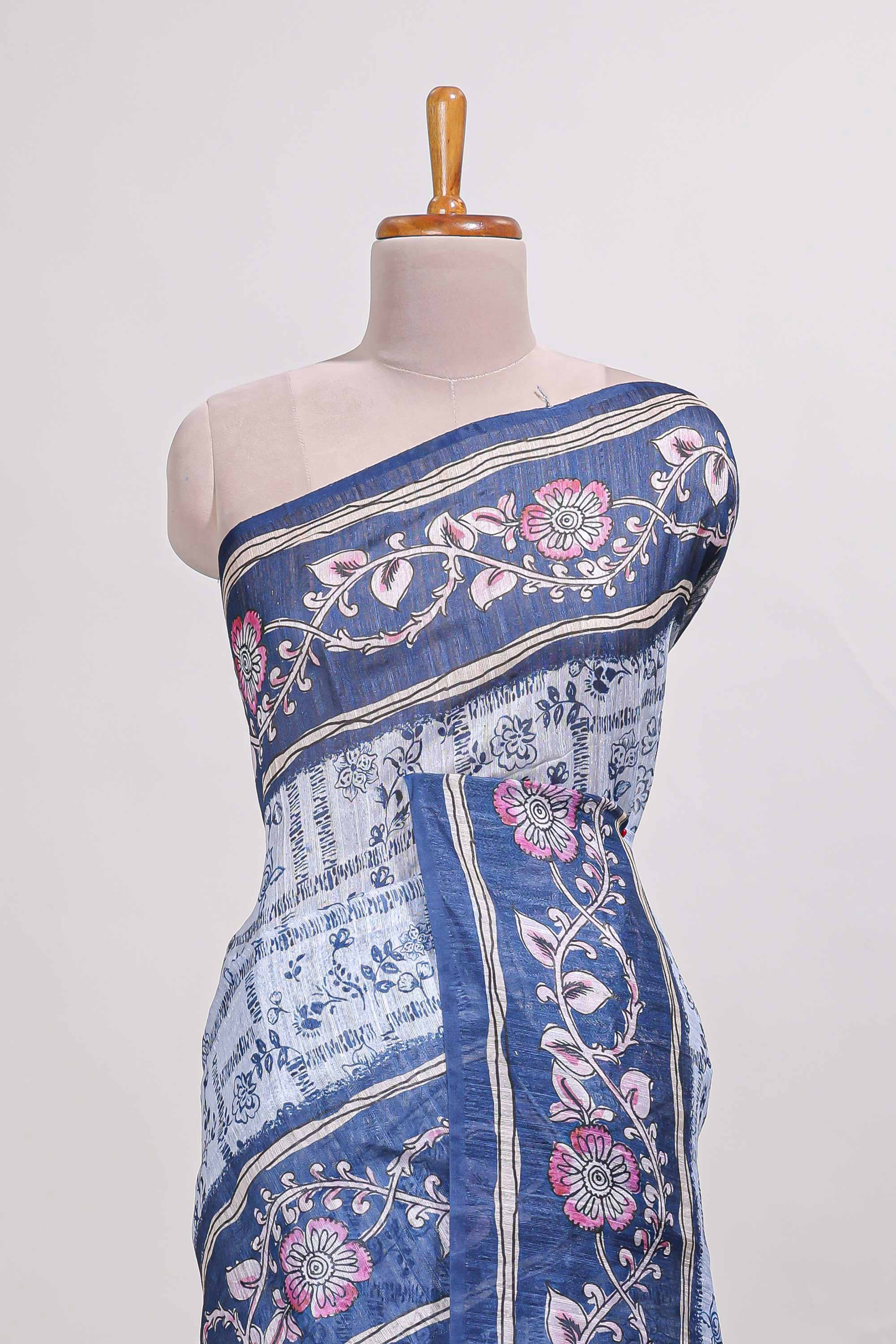 bluecolour floral printedsemi tussar saree with creeperborder and matching blouse
