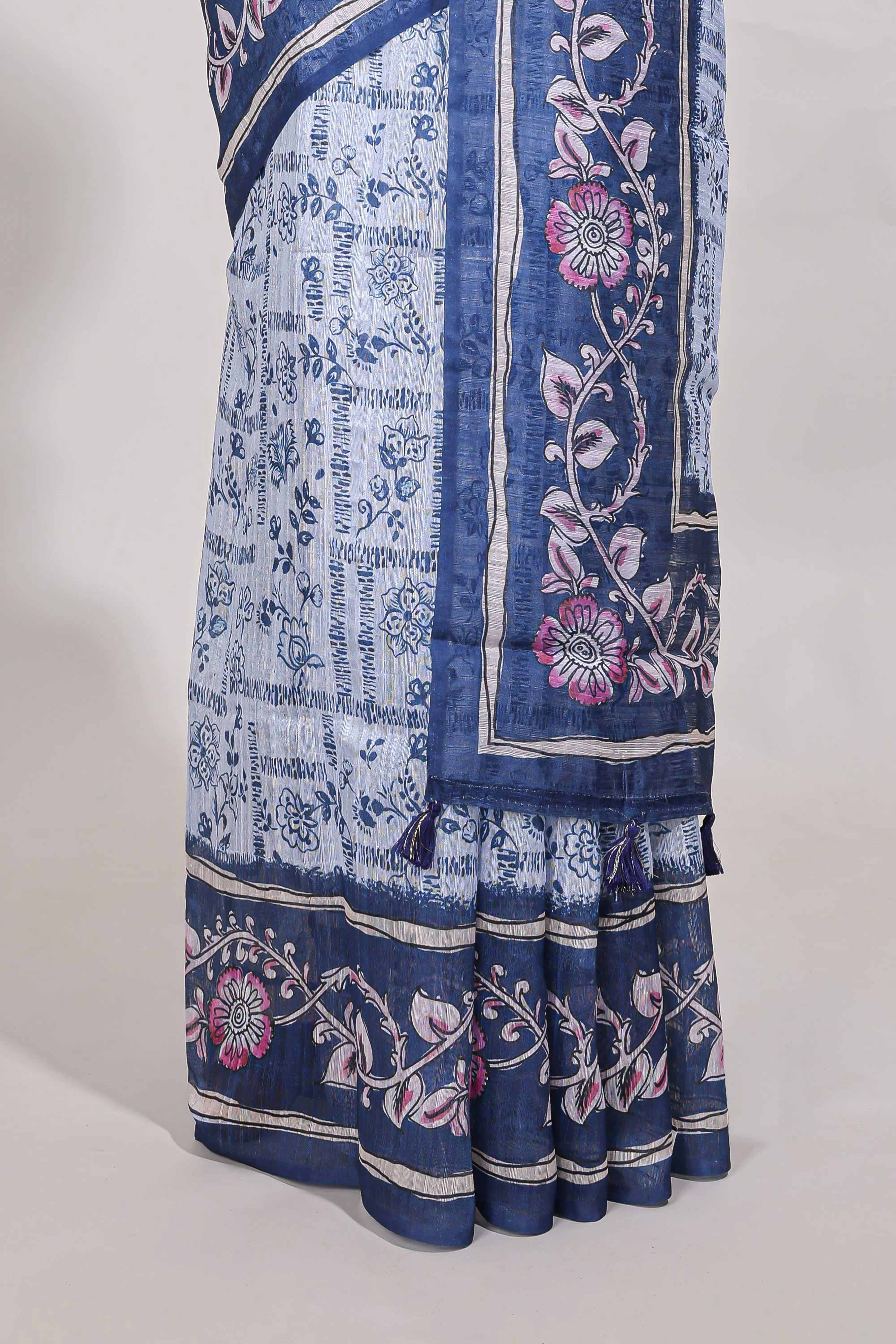 bluecolour floral printedsemi tussar saree with creeperborder and matching blouse