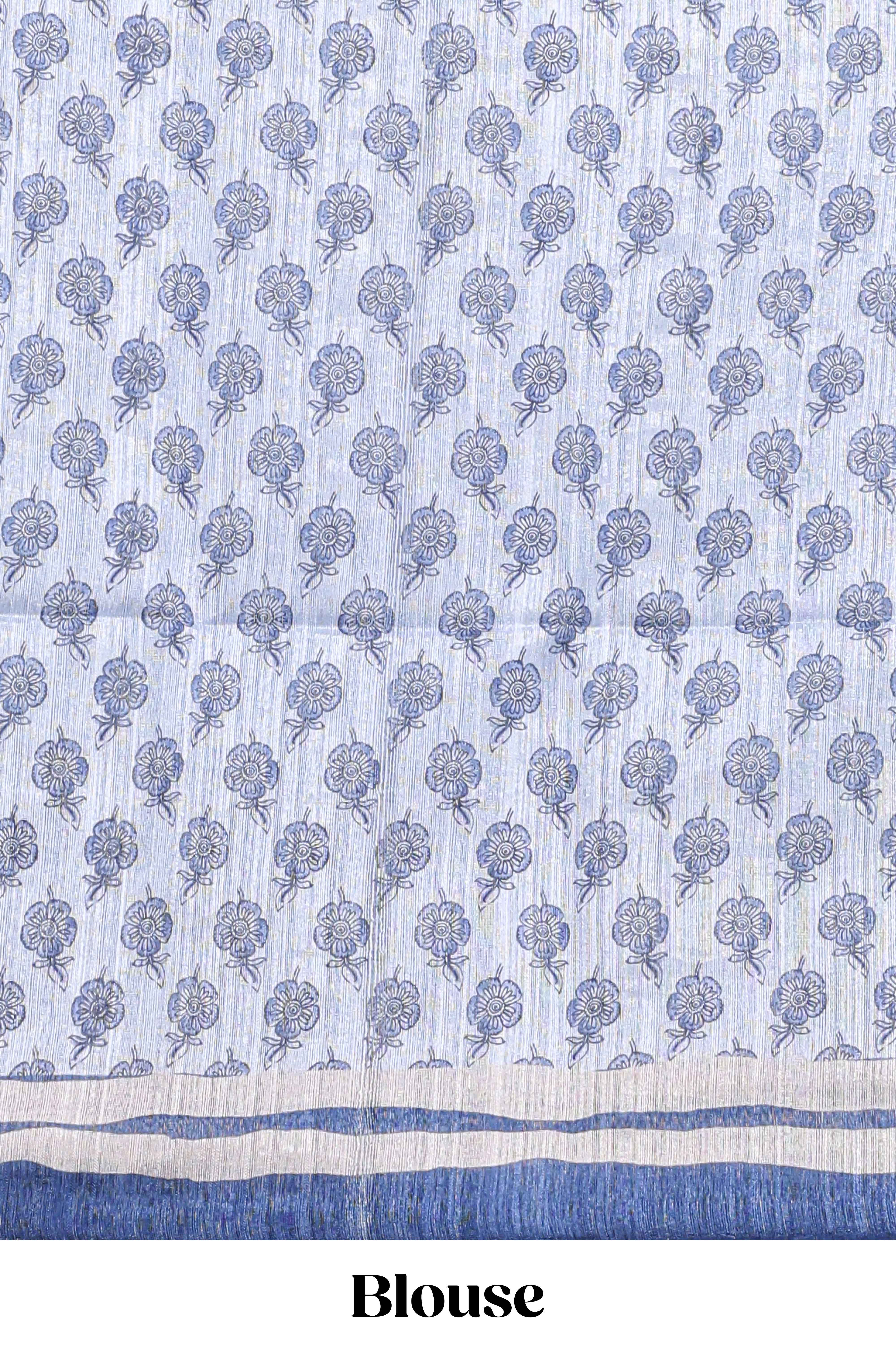bluecolour floral printedsemi tussar saree with creeperborder and matching blouse