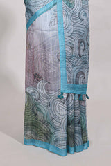 Blue colourprintedsemi tussar saree with pippingborder and leaf printed matching blouse