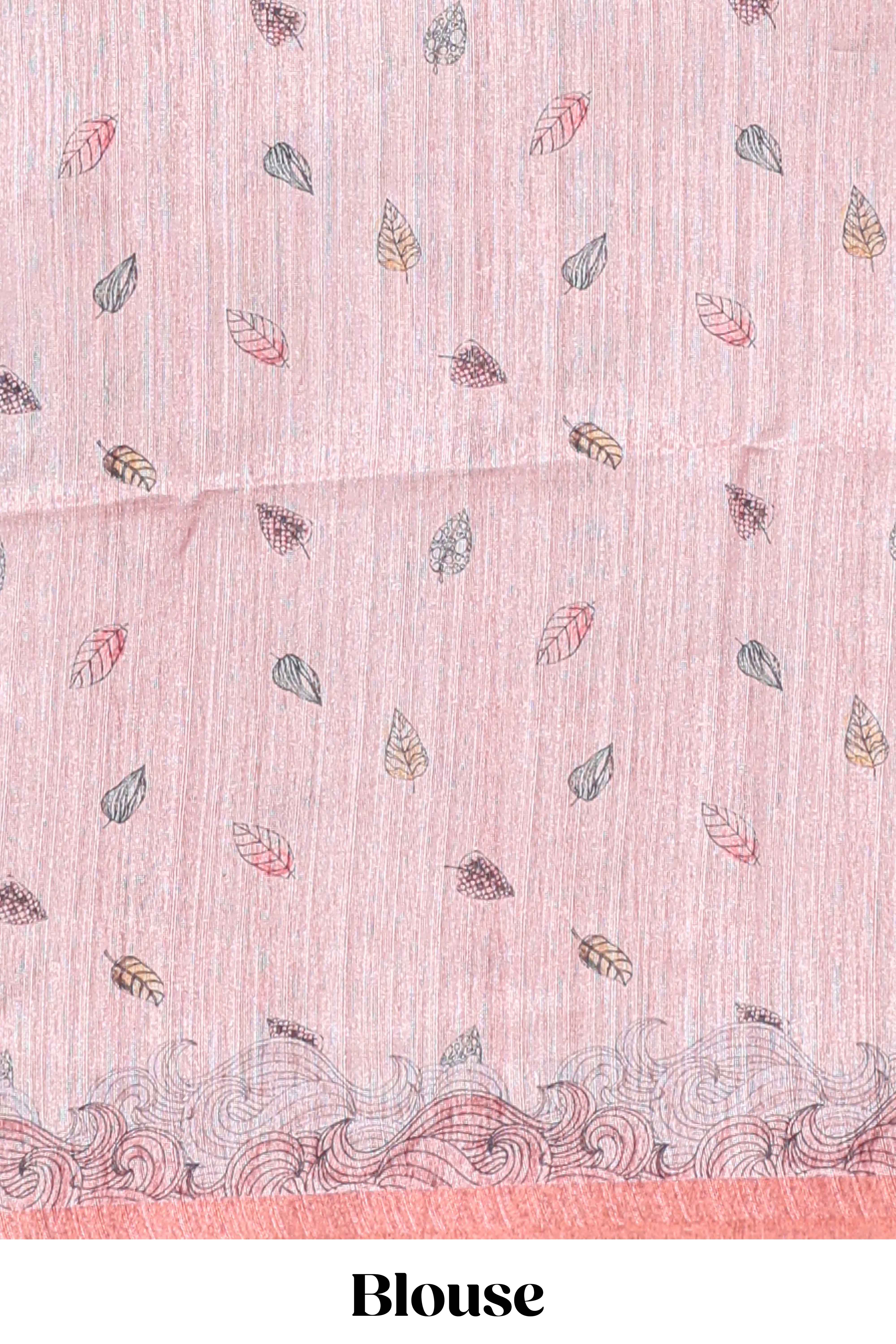 pink colourprintedsemi tussar saree with pippingborder and leaf printed matching blouse