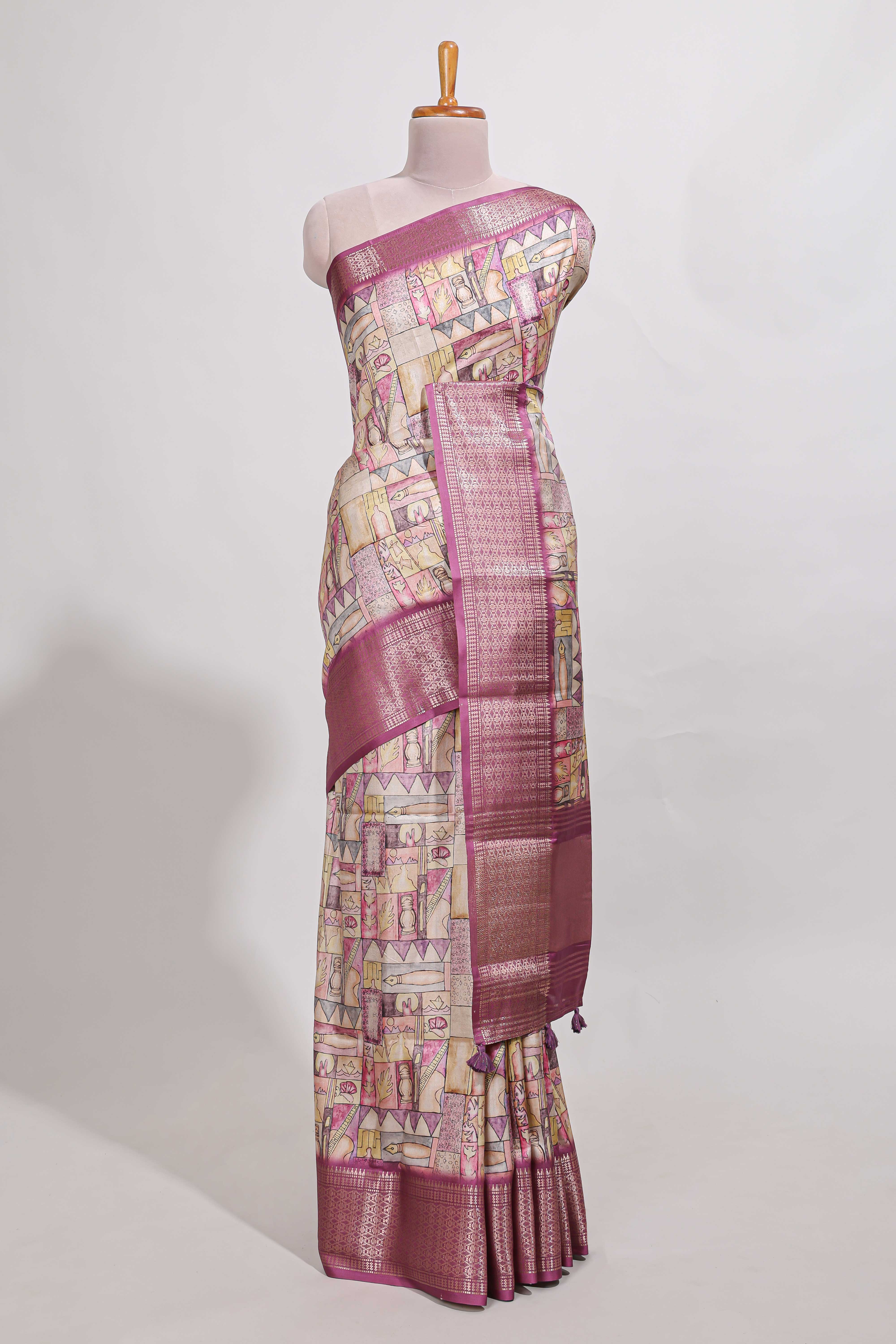 story bookprintedsemi tussar saree with zari border and zari weaving blouse