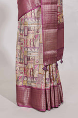 story bookprintedsemi tussar saree with zari border and zari weaving blouse